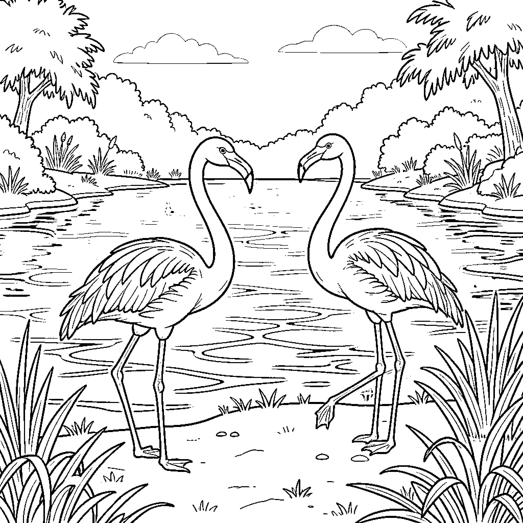 Flamingos wading in a tranquil pond Coloring Page (free black-and-white line drawing printable PDF for all, from beginners to advanced learners, including children, teens, adults, and seniors)