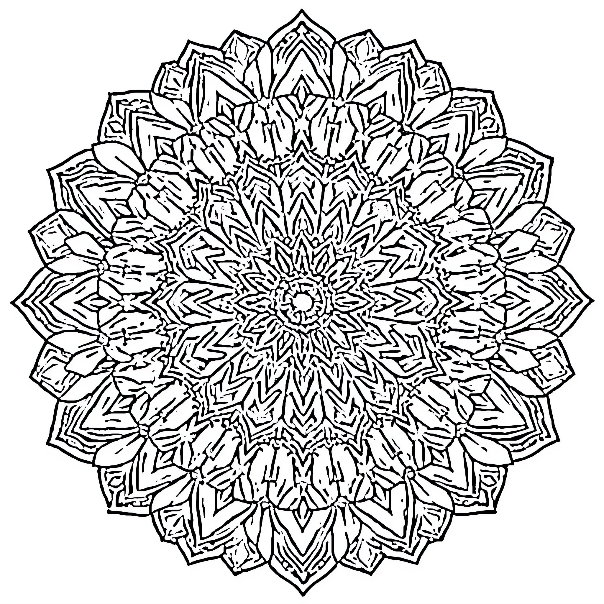 Mandala of intricate geometric patterns Coloring Page (free black-and-white line drawing printable PDF for all, from beginners to advanced learners, including children, teens, adults, and seniors)