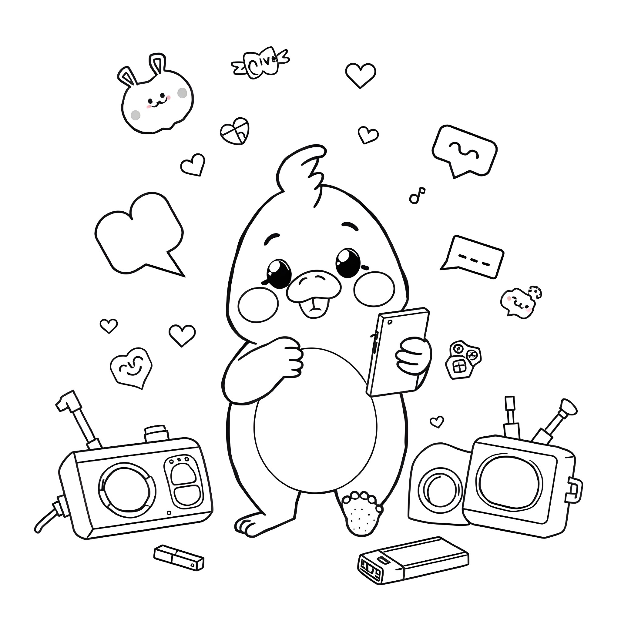 Labubu playing with gadgets and expressing emotions Coloring Page (free black-and-white line drawing printable PDF for all, from beginners to advanced learners, including children, teens, adults, and seniors)