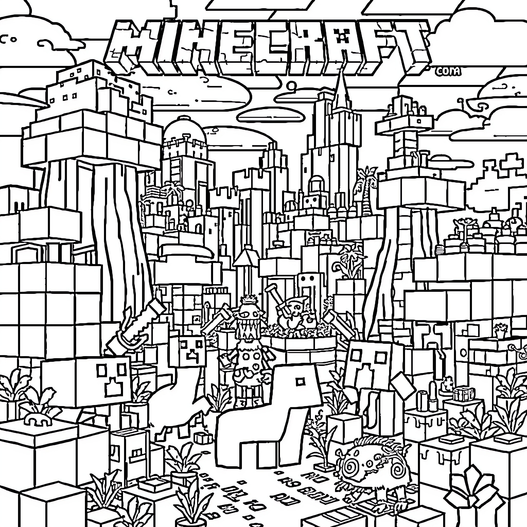 Minecraft cityscape with diverse architectural styles Coloring Page (free black-and-white line drawing printable PDF for all, from beginners to advanced learners, including children, teens, adults, and seniors)