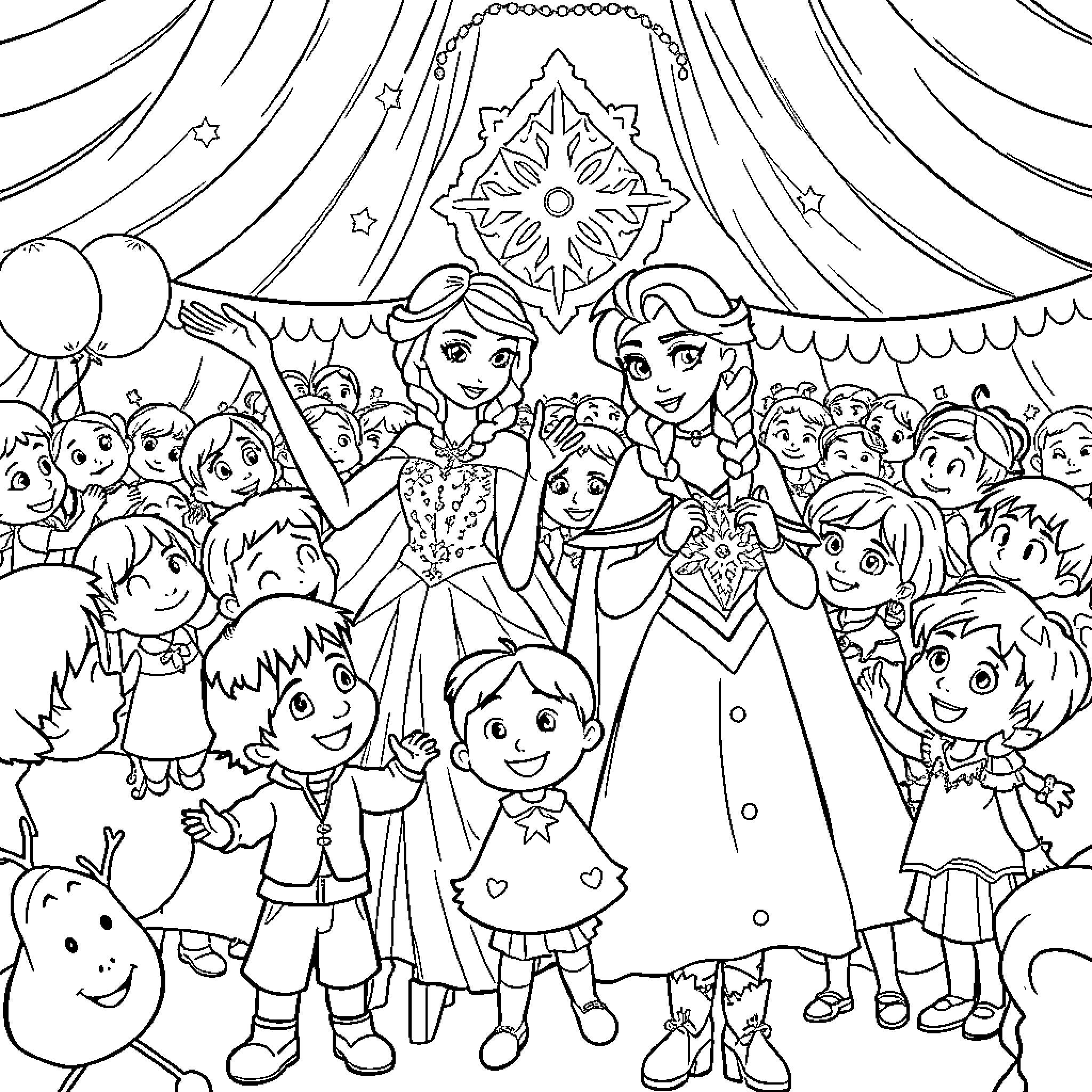 Elsa Celebrates with Adoring Fans in Festive Attire Coloring Page (free black-and-white line drawing printable PDF for all, from beginners to advanced learners, including children, teens, adults, and seniors)