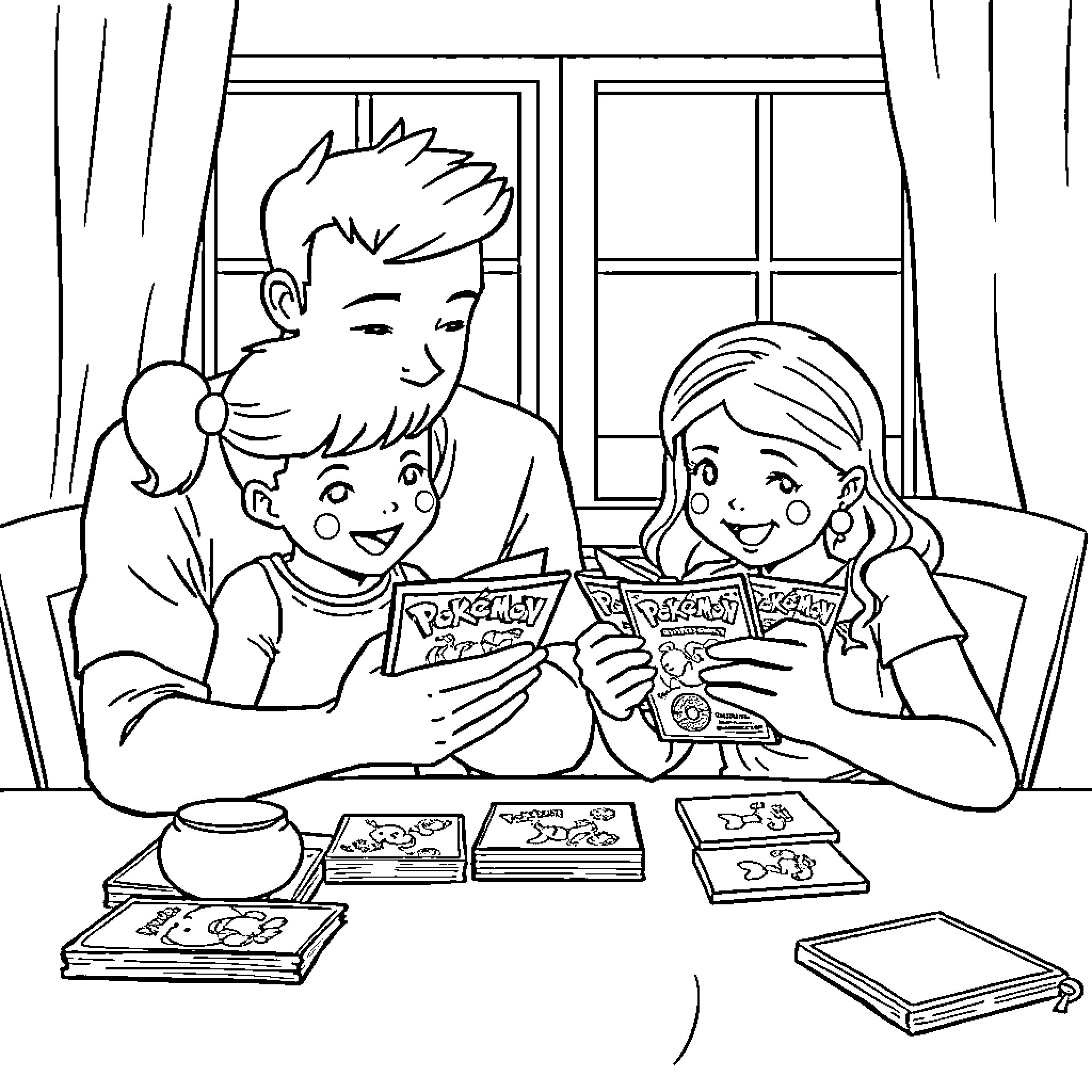 Pokémon Enthusiasts Enjoying Game Cards Coloring Page (free black-and-white line drawing printable PDF for all, from beginners to advanced learners, including children, teens, adults, and seniors)