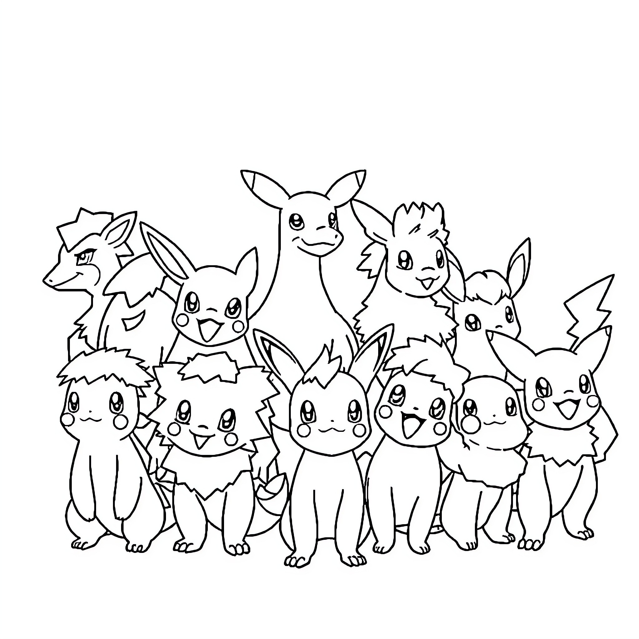 Pokémon group portrait with diverse characters Coloring Page (free black-and-white line drawing printable PDF for all, from beginners to advanced learners, including children, teens, adults, and seniors)