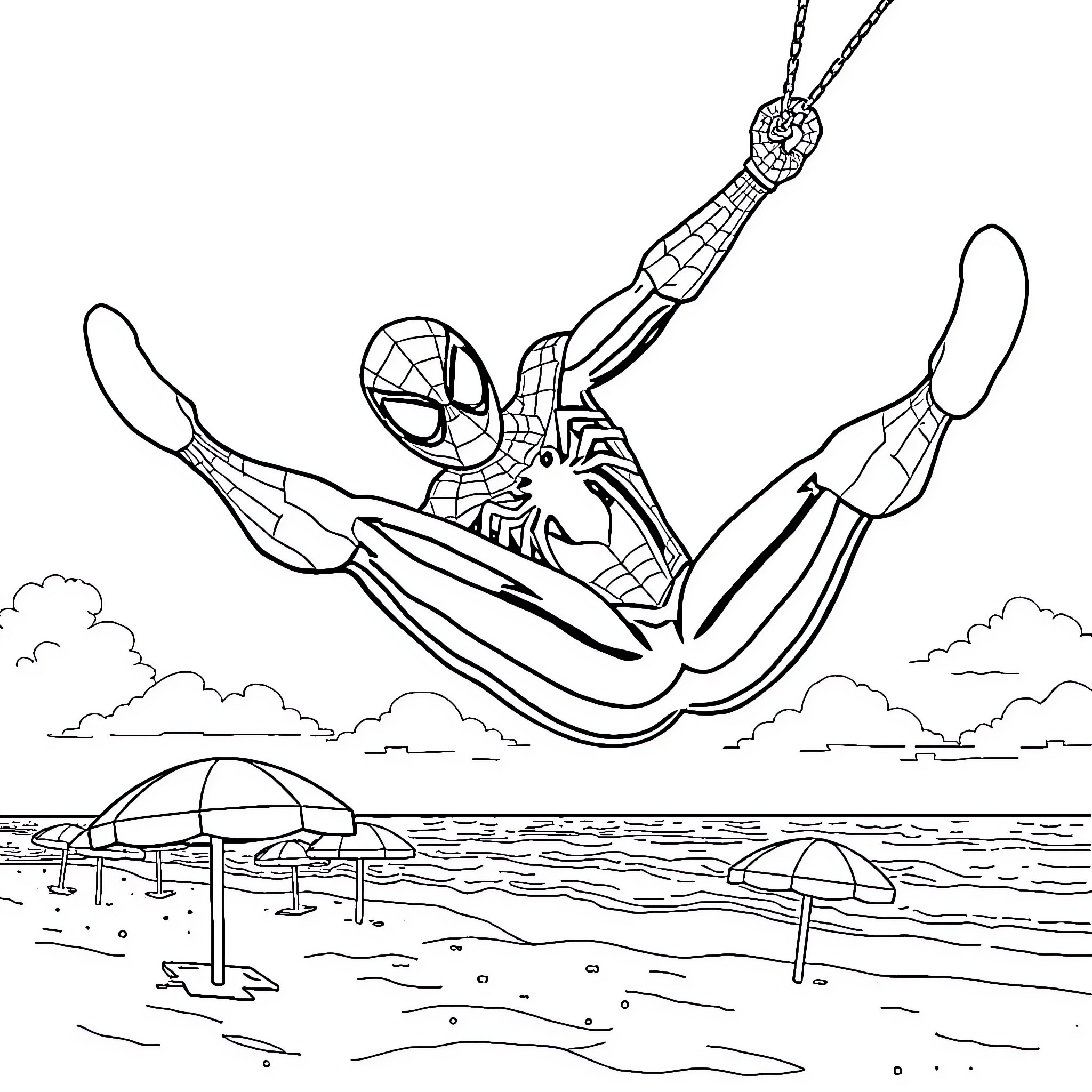 Spiderman swinging heroically above the beach Coloring Page (free black-and-white line drawing printable PDF for all, from beginners to advanced learners, including children, teens, adults, and seniors)