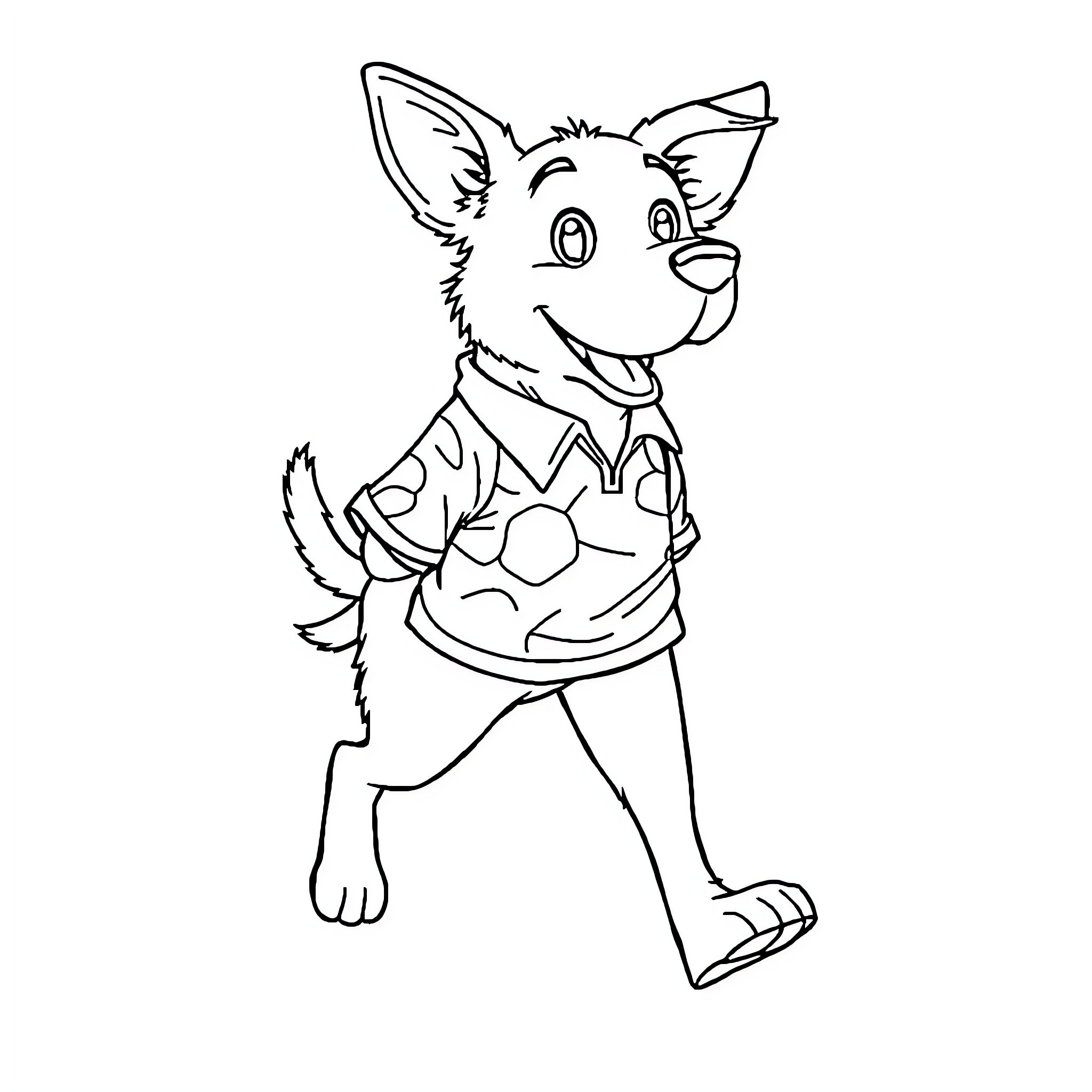 Dog in casual clothing smiling happily Coloring Page (free black-and-white line drawing printable PDF for all, from beginners to advanced learners, including children, teens, adults, and seniors)