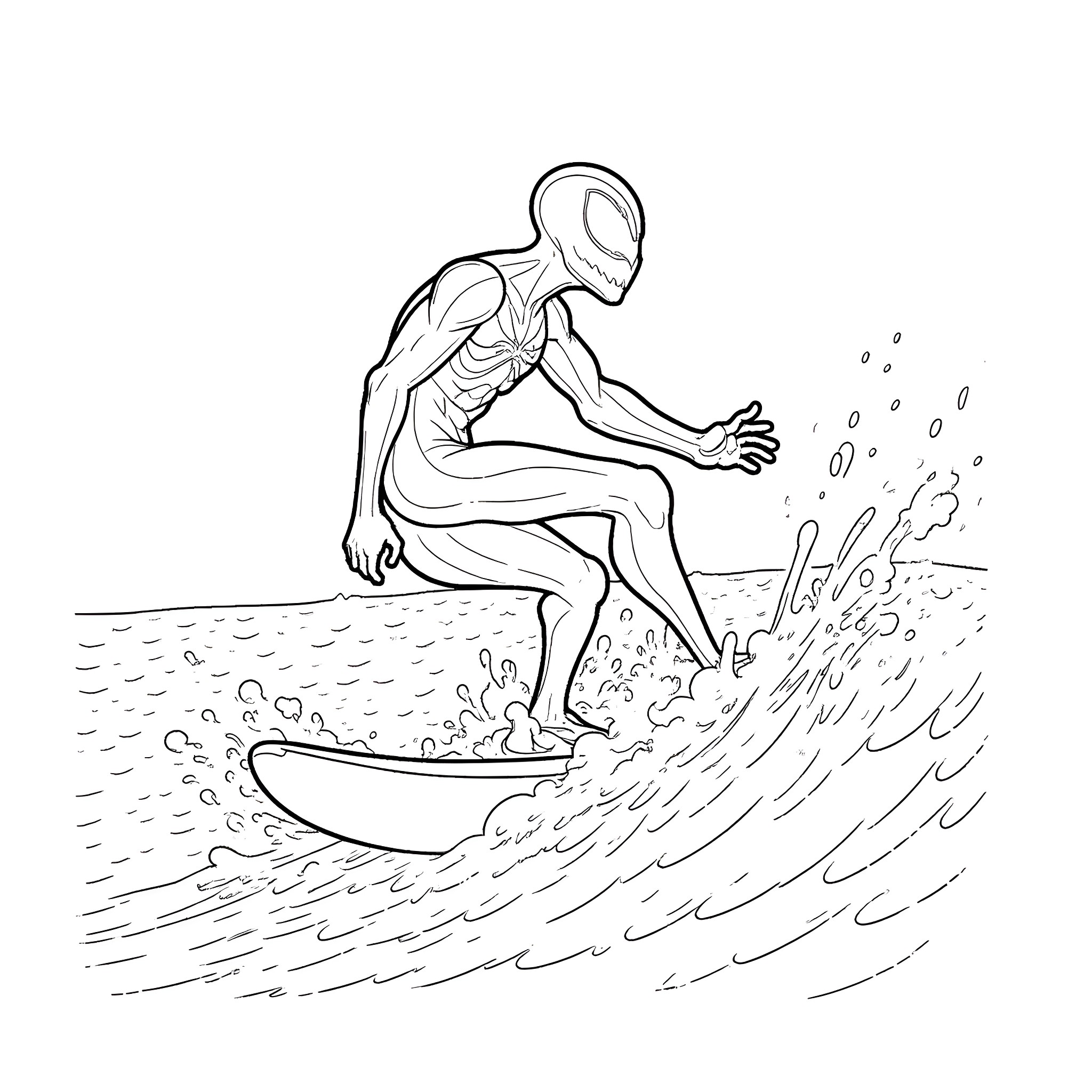 Venom surf's up on the waves Coloring Page (free black-and-white line drawing printable PDF for all, from beginners to advanced learners, including children, teens, adults, and seniors)