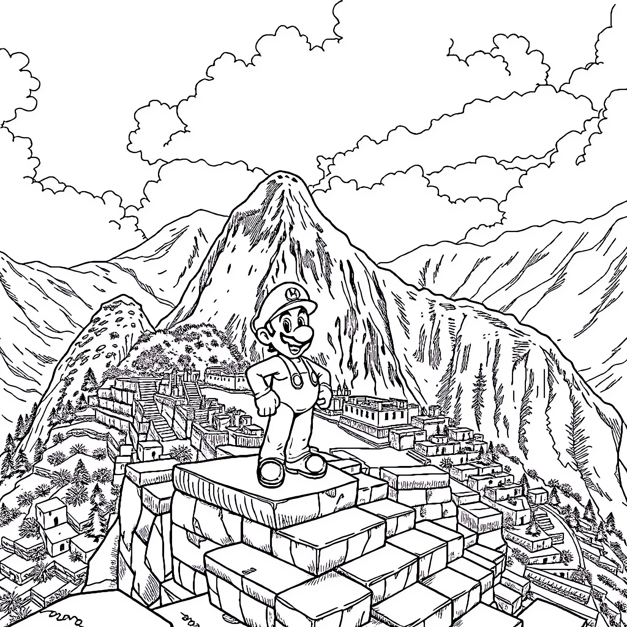 Mario's Adventure in the Mountains Coloring Page (free black-and-white line drawing printable PDF for all, from beginners to advanced learners, including children, teens, adults, and seniors)