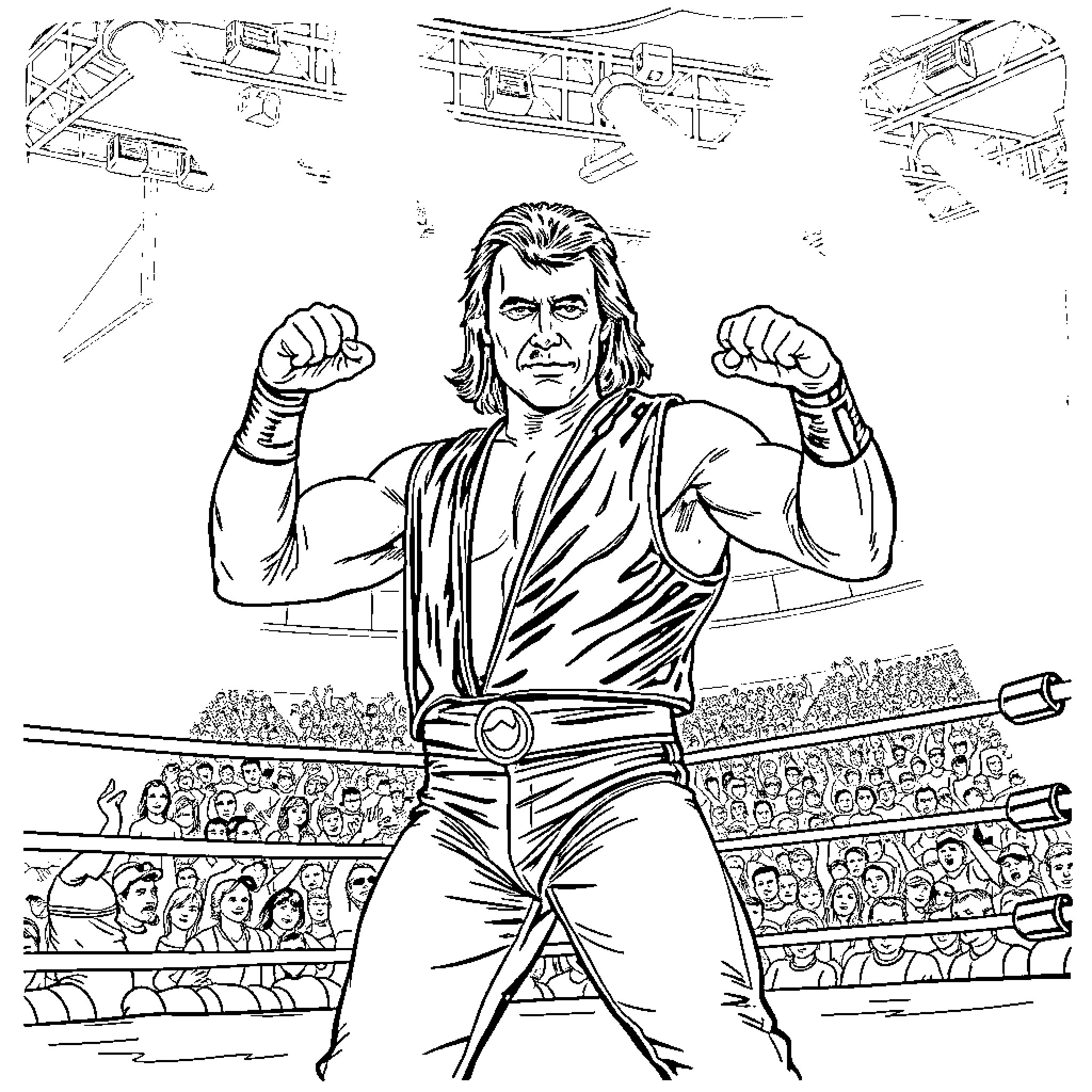 Bret Hart flexing muscles before wrestling match Coloring Page (free black-and-white line drawing printable PDF for all, from beginners to advanced learners, including children, teens, adults, and seniors)