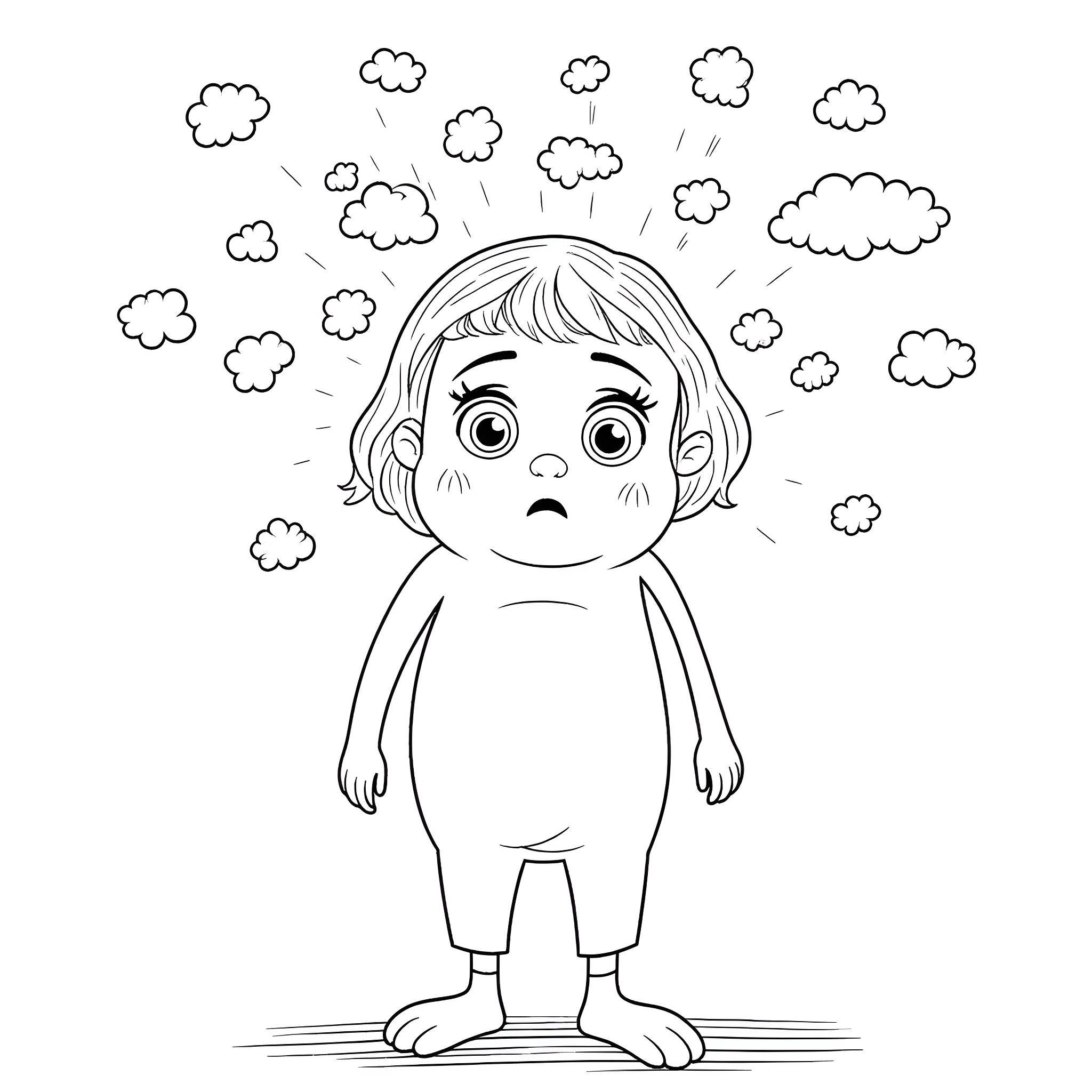 Face of a distressed child surrounded by clouds Coloring Page (free black-and-white line drawing printable PDF for all, from beginners to advanced learners, including children, teens, adults, and seniors)