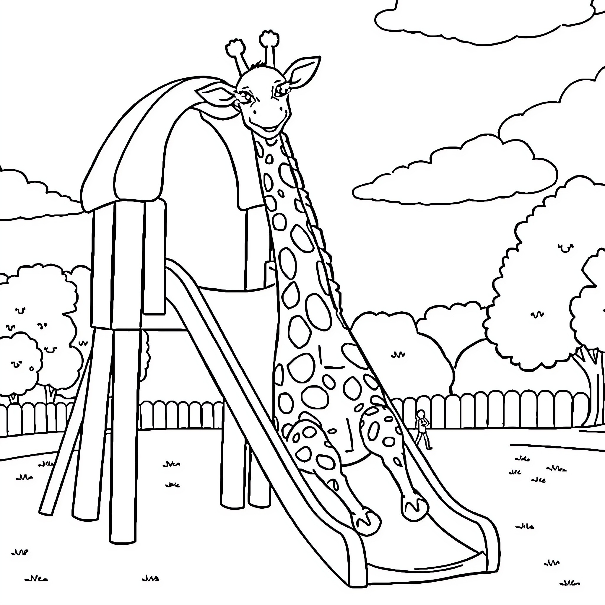 Giraffe enjoying a playground slide in the park Coloring Page (free black-and-white line drawing printable PDF for all, from beginners to advanced learners, including children, teens, adults, and seniors)