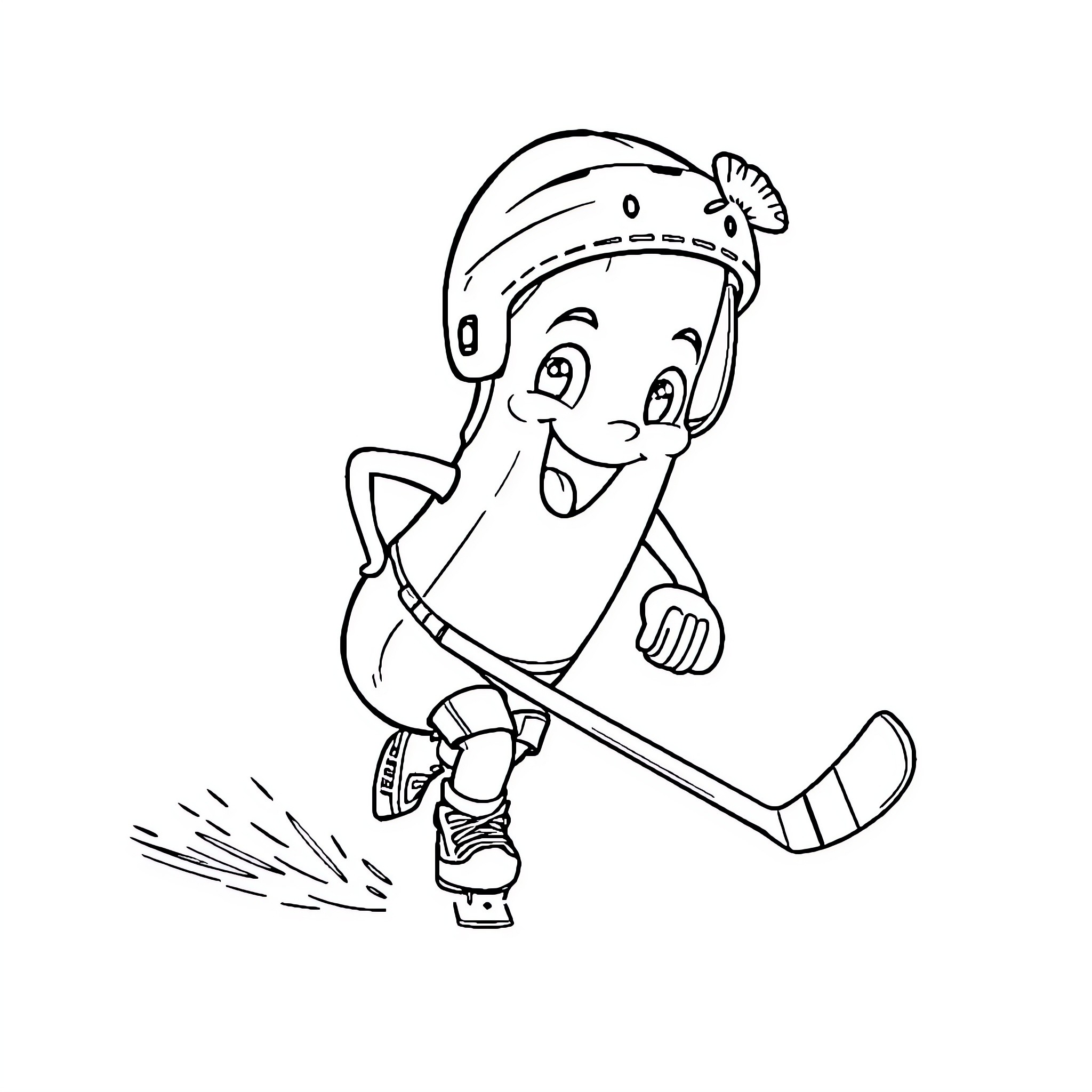 Banana playing hockey happily on the ice Coloring Page (free black-and-white line drawing printable PDF for all, from beginners to advanced learners, including children, teens, adults, and seniors)