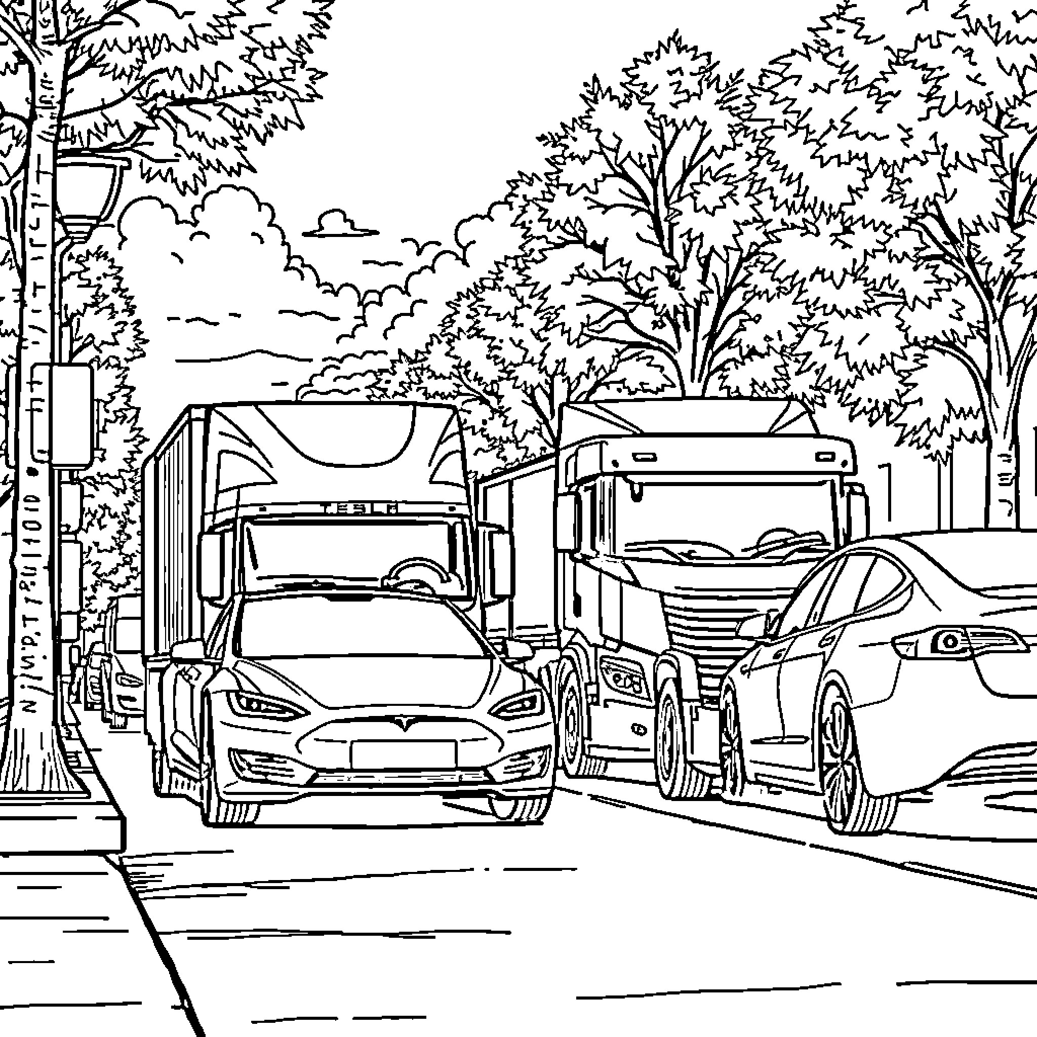Car traffic on a tree-lined street Coloring Page (free black-and-white line drawing printable PDF for all, from beginners to advanced learners, including children, teens, adults, and seniors)