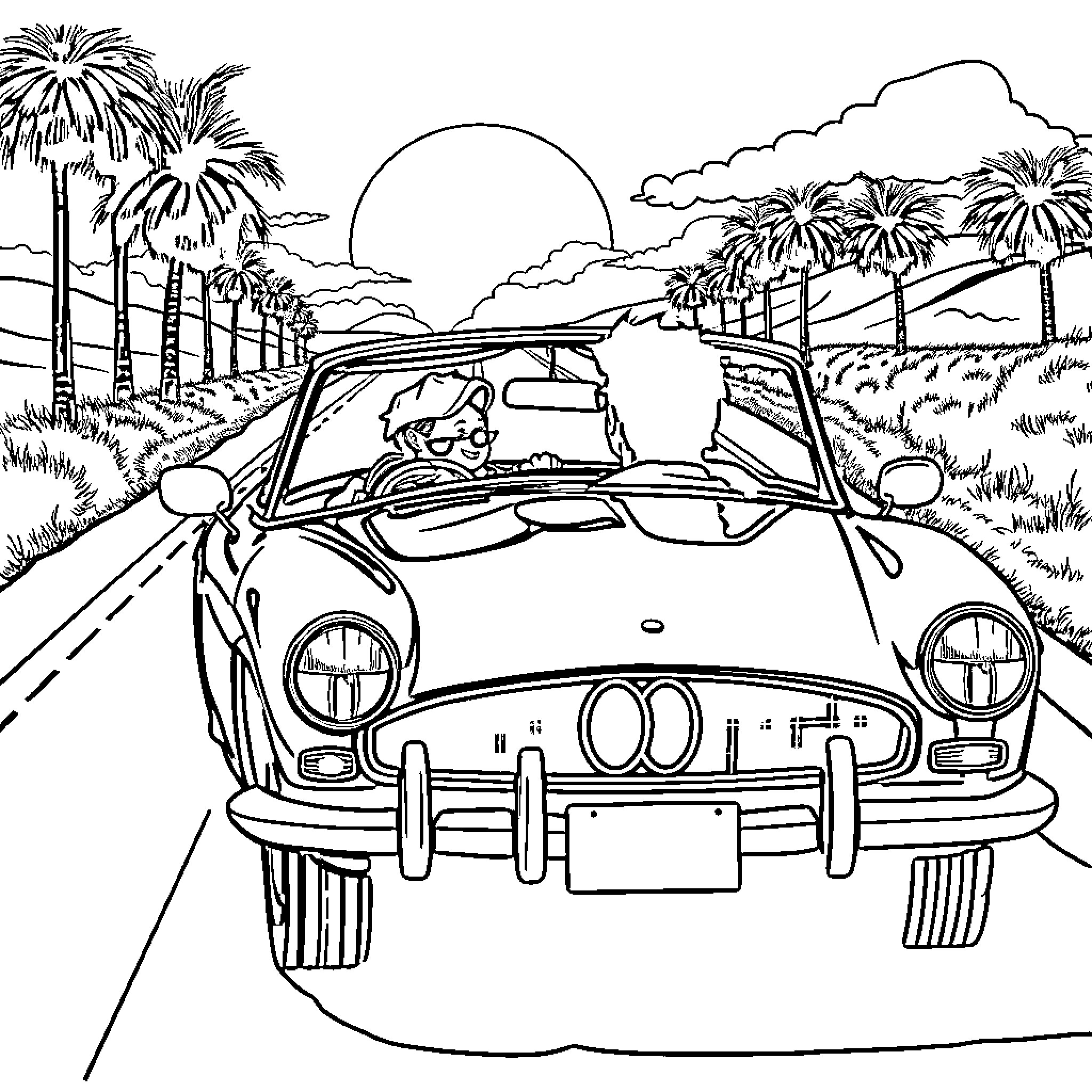 Jack White driving convertible car on scenic road Coloring Page (free black-and-white line drawing printable PDF for all, from beginners to advanced learners, including children, teens, adults, and seniors)