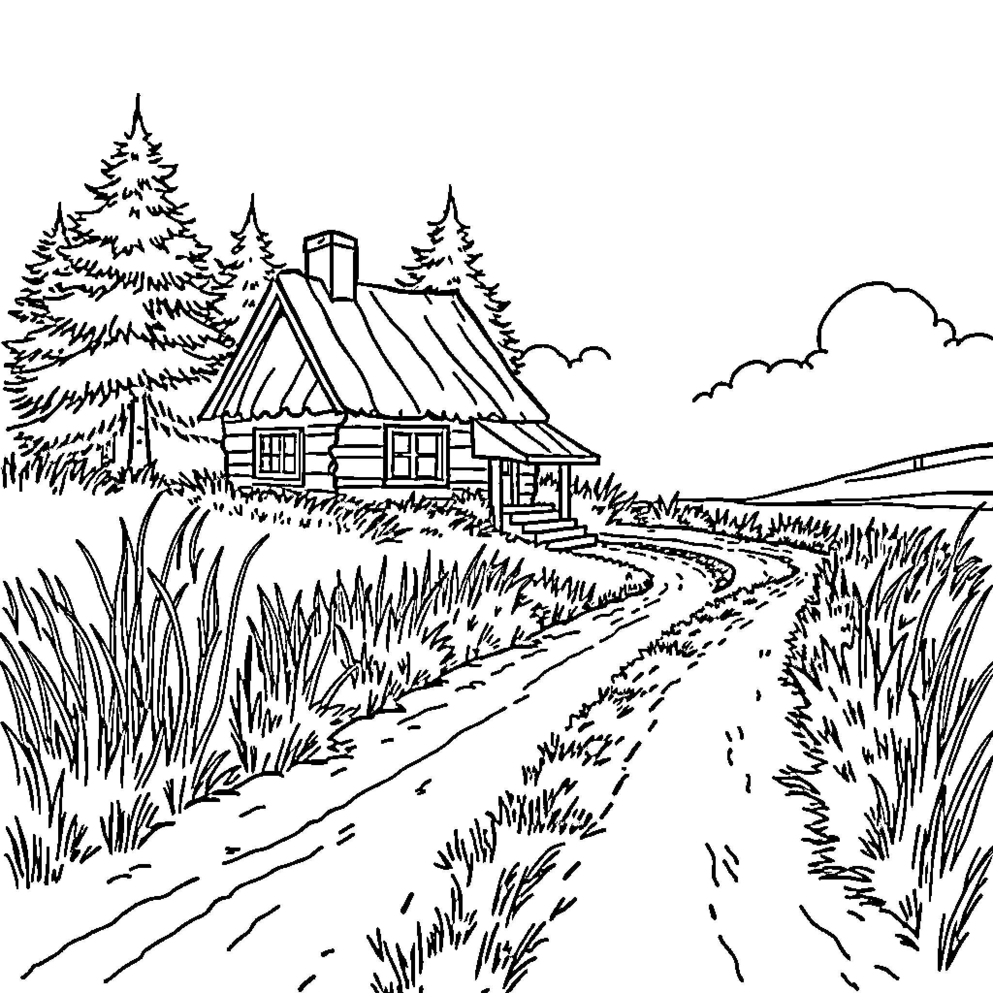 House in the Peaceful Countryside Landscape Coloring Page (free black-and-white line drawing printable PDF for all, from beginners to advanced learners, including children, teens, adults, and seniors)