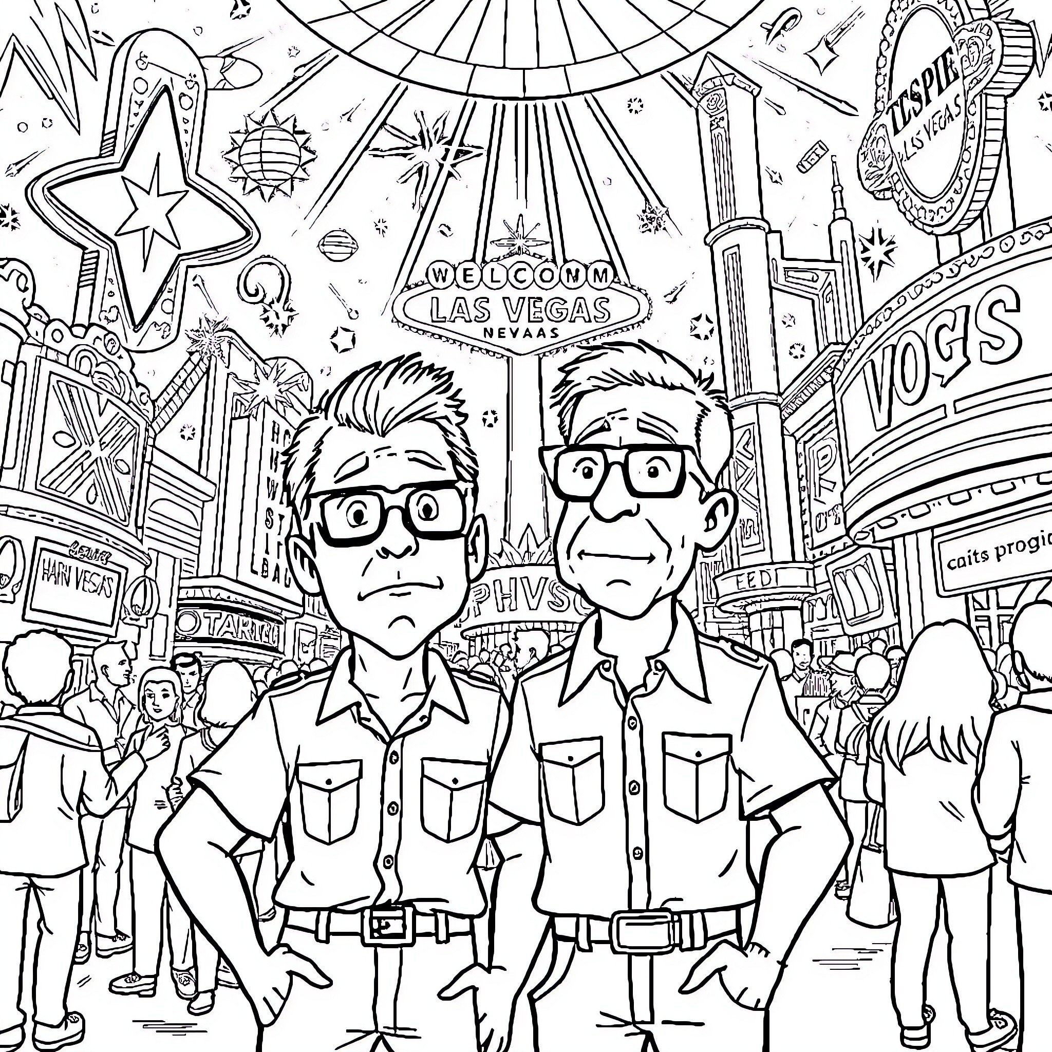 Hank Hill and Bobby Explore the Dazzling Lights of Las Vegas Coloring Page (free black-and-white line drawing printable PDF for all, from beginners to advanced learners, including children, teens, adults, and seniors)
