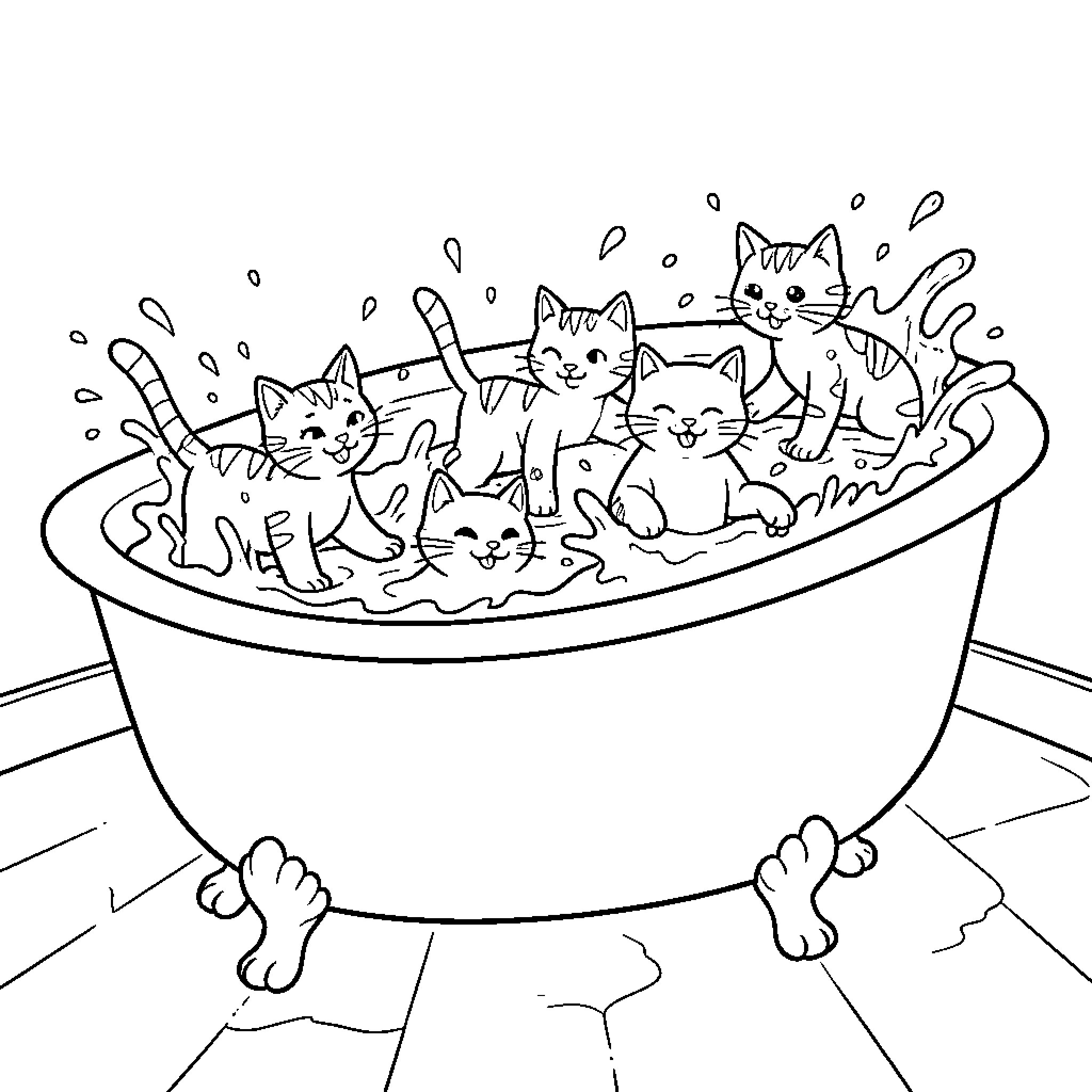 Cat bath time with playful kitties Coloring Page (free black-and-white line drawing printable PDF for all, from beginners to advanced learners, including children, teens, adults, and seniors)