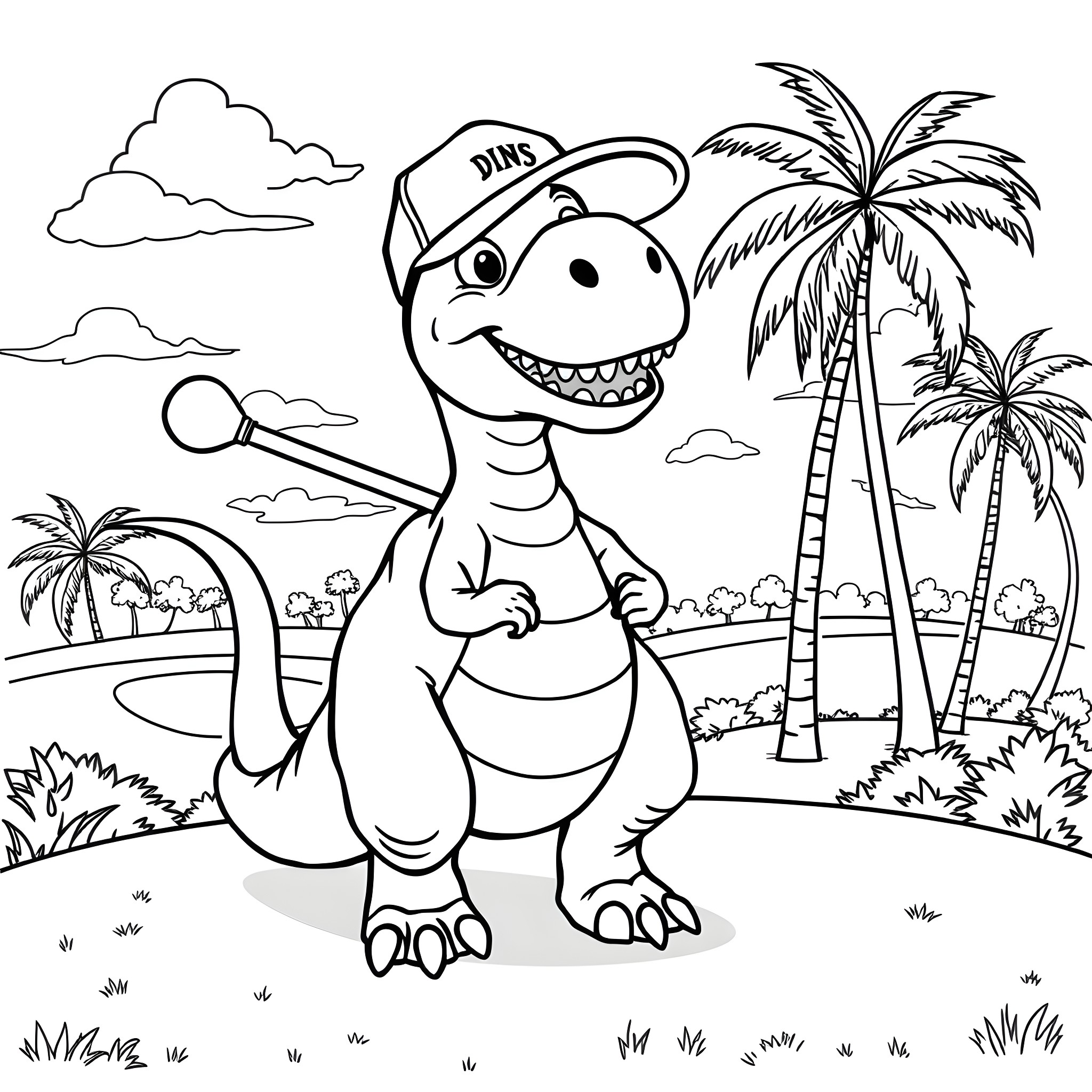 Dinosaur wearing a cap posing in a tropical landscape Coloring Page (free black-and-white line drawing printable PDF for all, from beginners to advanced learners, including children, teens, adults, and seniors)