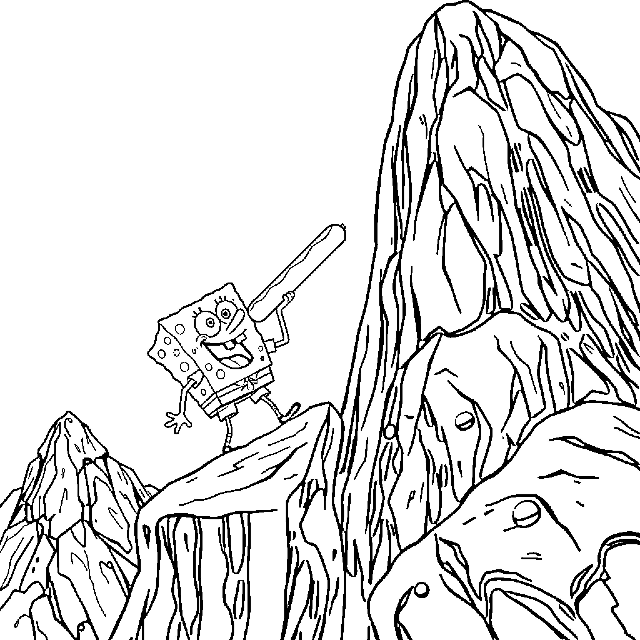 Spongebob exploring the mountainous landscape Coloring Page (free black-and-white line drawing printable PDF for all, from beginners to advanced learners, including children, teens, adults, and seniors)