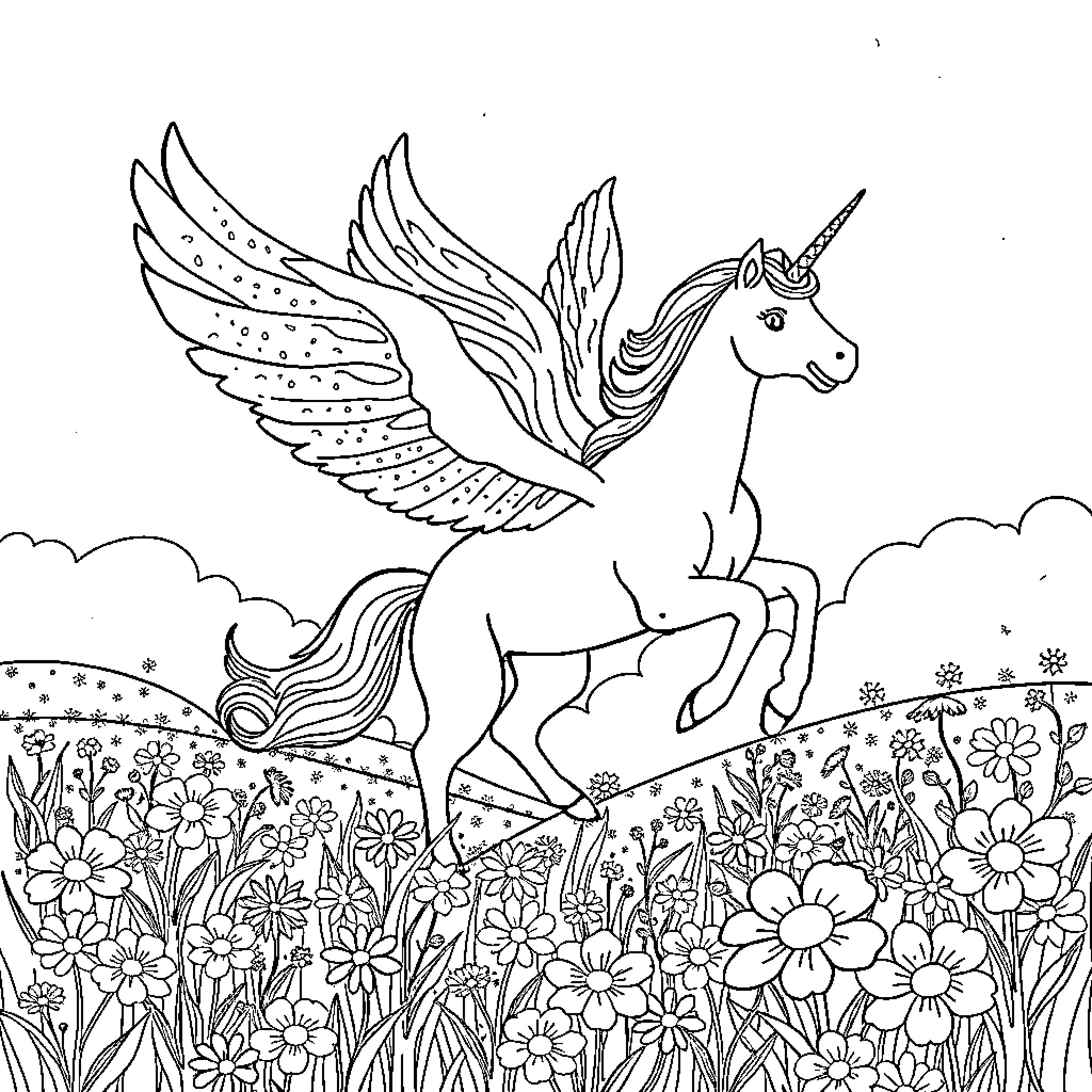 Unicorn soaring gracefully over a blooming meadow Coloring Page (free black-and-white line drawing printable PDF for all, from beginners to advanced learners, including children, teens, adults, and seniors)