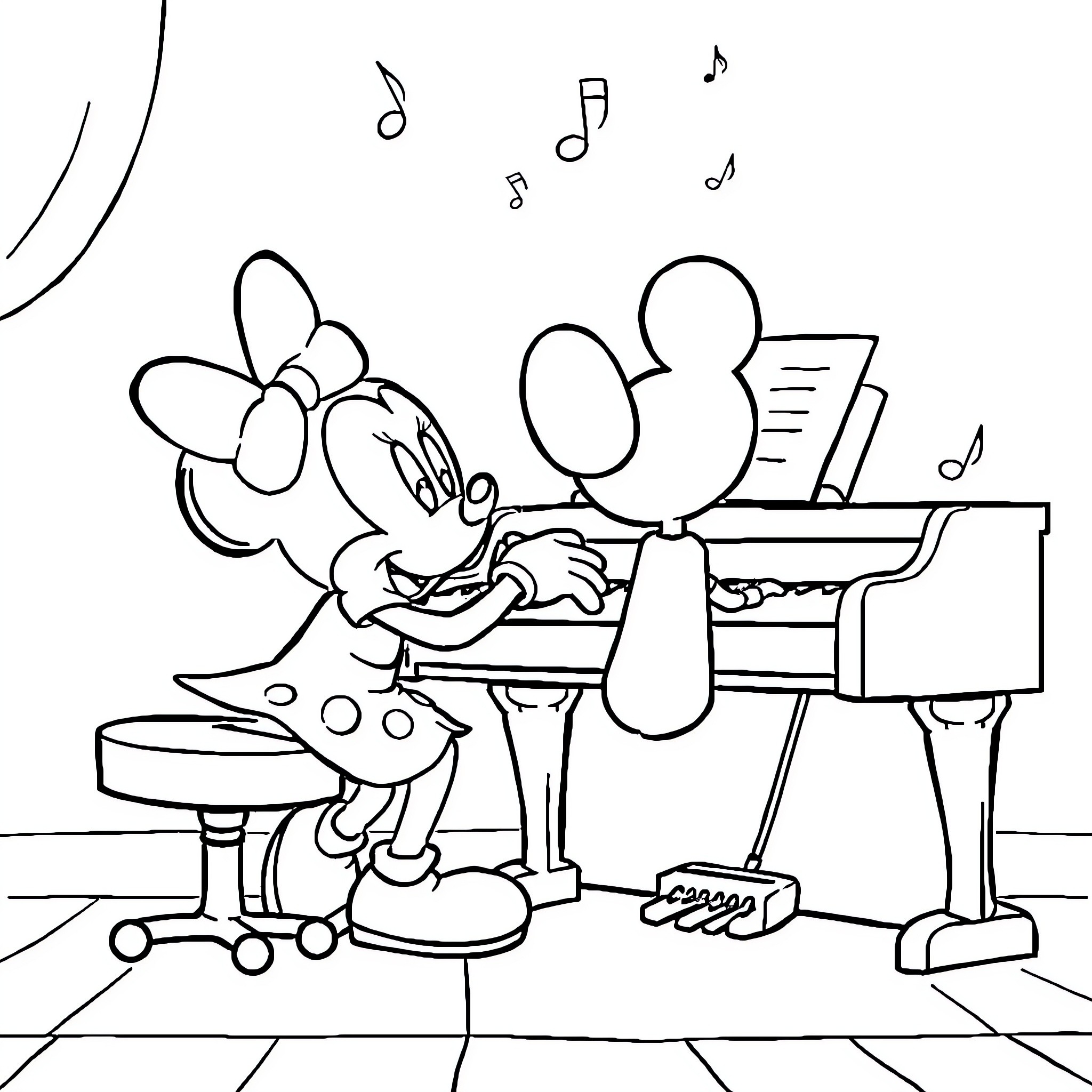 Mickey and Minnie playing music together Coloring Page (free black-and-white line drawing printable PDF for all, from beginners to advanced learners, including children, teens, adults, and seniors)