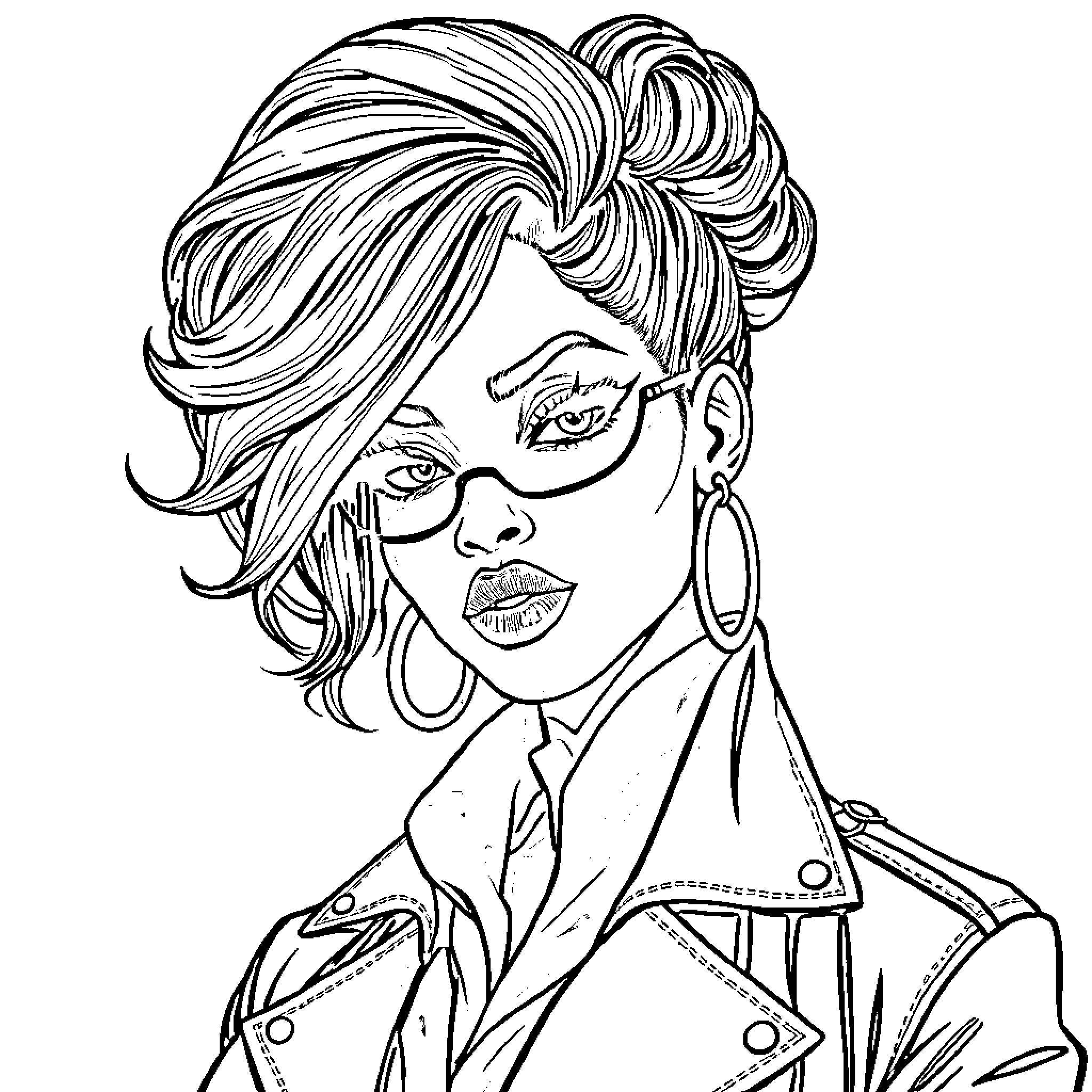 Woman with stylized hair and expression Coloring Page (free black-and-white line drawing printable PDF for all, from beginners to advanced learners, including children, teens, adults, and seniors)