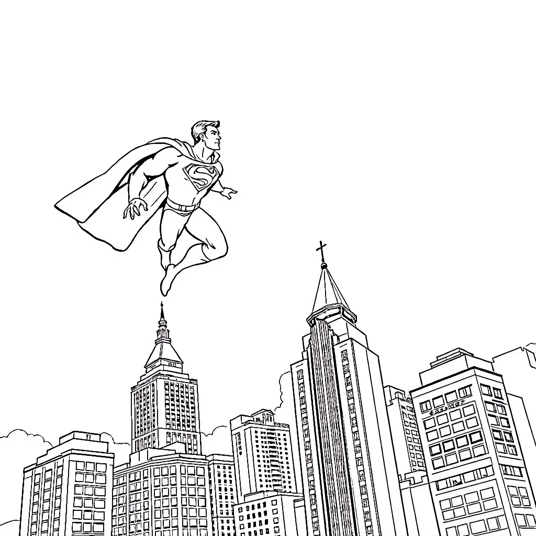 Superman flying over the city skyline Coloring Page (free black-and-white line drawing printable PDF for all, from beginners to advanced learners, including children, teens, adults, and seniors)
