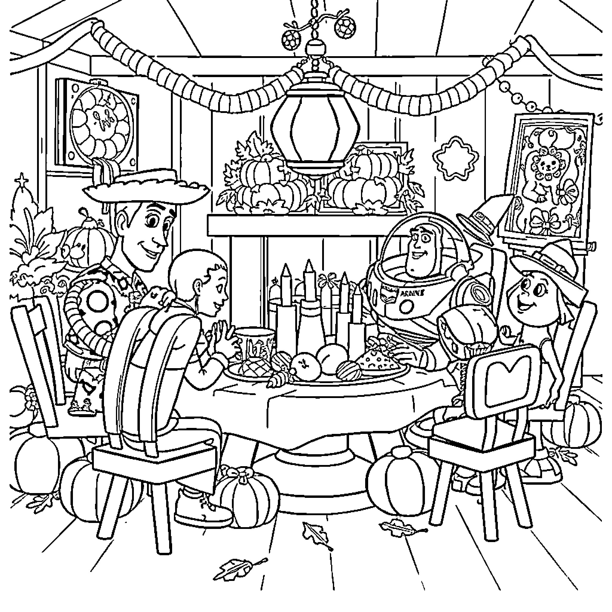 Toy Story characters celebrating Thanksgiving in a cozy living room Coloring Page (free black-and-white line drawing printable PDF for all, from beginners to advanced learners, including children, teens, adults, and seniors)