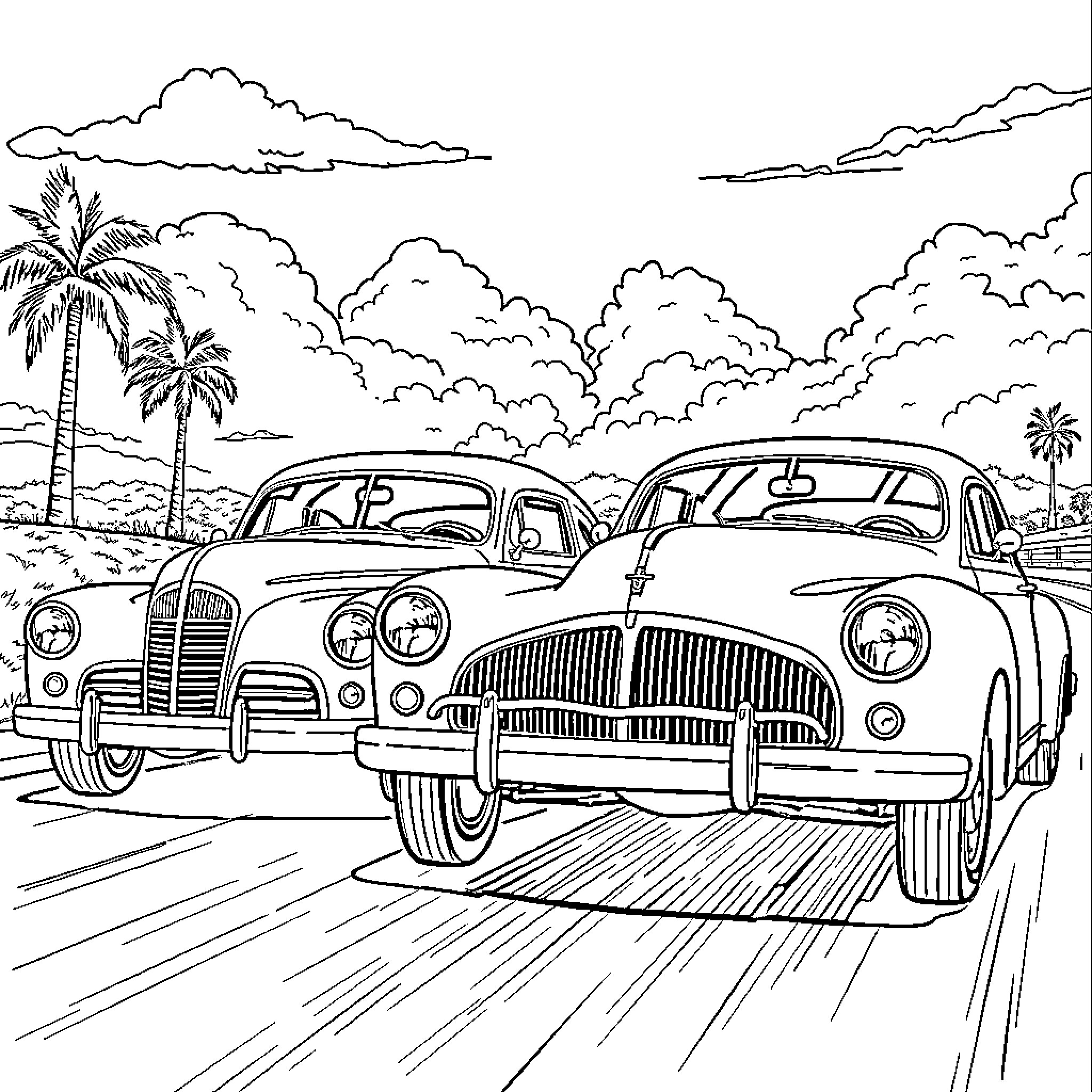 Car Race in Paradise Landscape Coloring Page (free black-and-white line drawing printable PDF for all, from beginners to advanced learners, including children, teens, adults, and seniors)