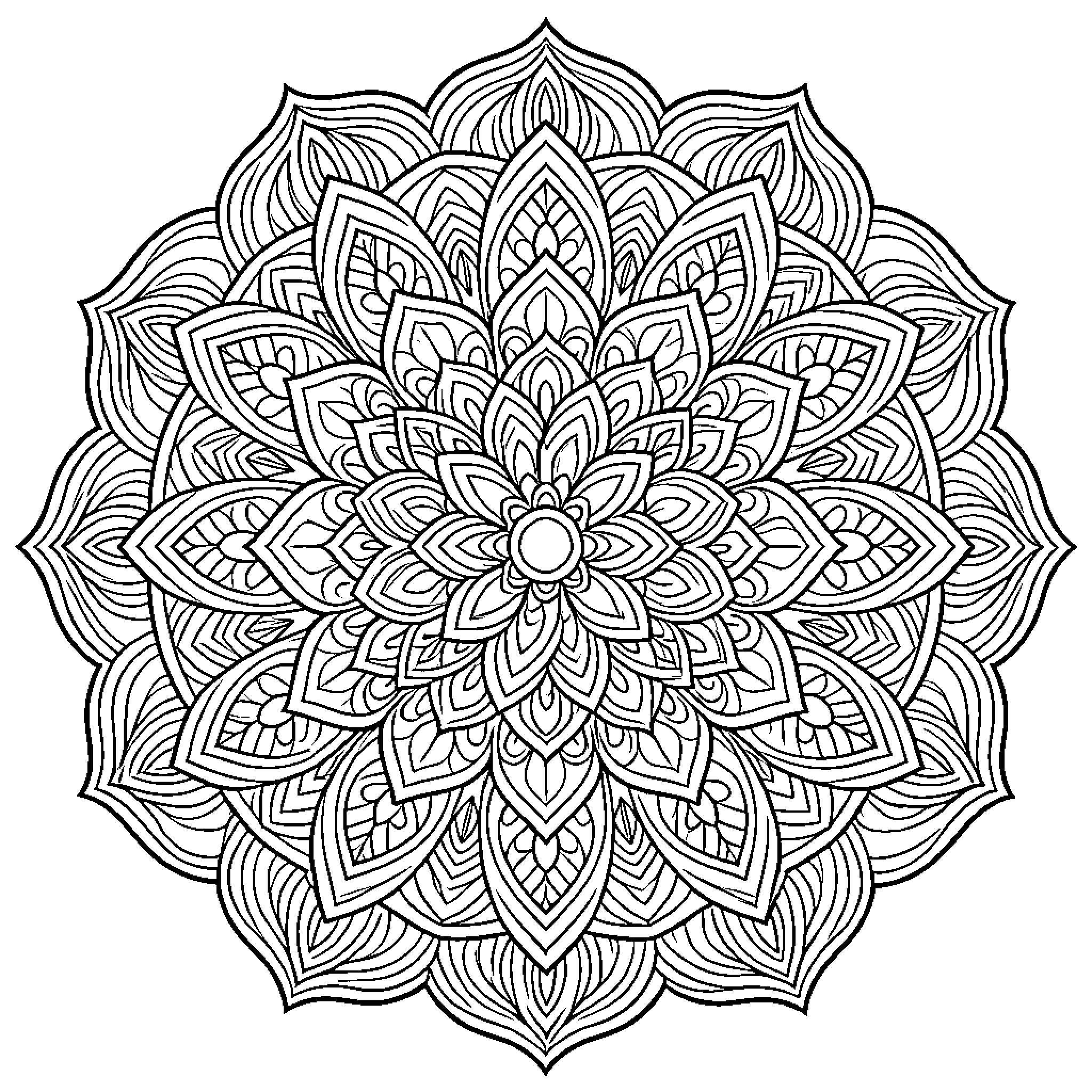 Mandala of intricate floral patterns Coloring Page (free black-and-white line drawing printable PDF for all, from beginners to advanced learners, including children, teens, adults, and seniors)