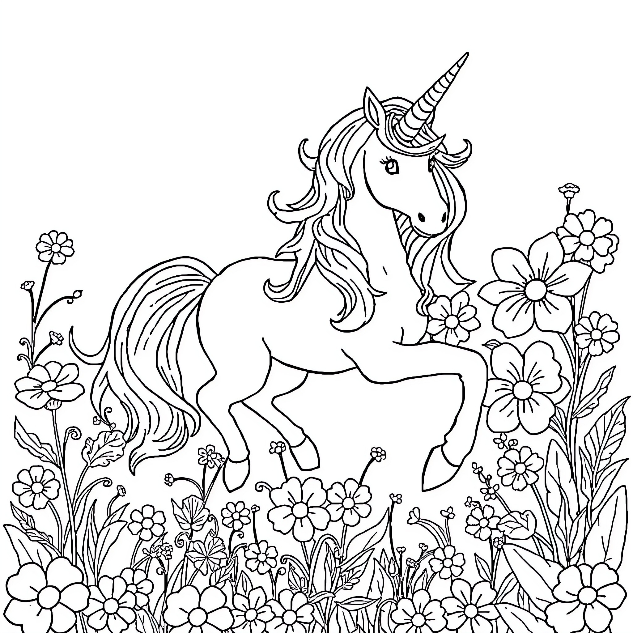 Unicorn dancing amidst a floral garden Coloring Page (free black-and-white line drawing printable PDF for all, from beginners to advanced learners, including children, teens, adults, and seniors)
