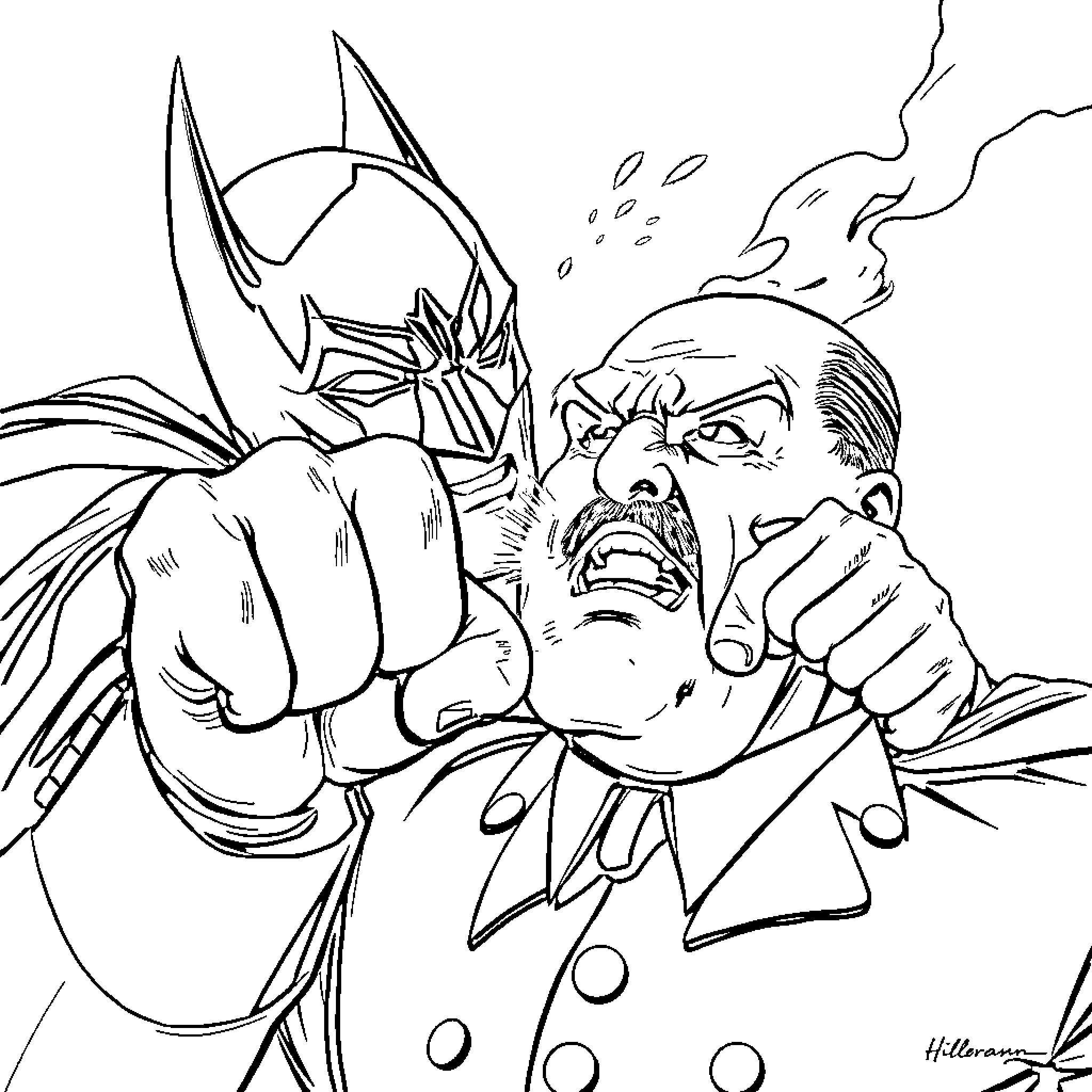 Batman Defeating a Villainous Opponent Coloring Page (free black-and-white line drawing printable PDF for all, from beginners to advanced learners, including children, teens, adults, and seniors)
