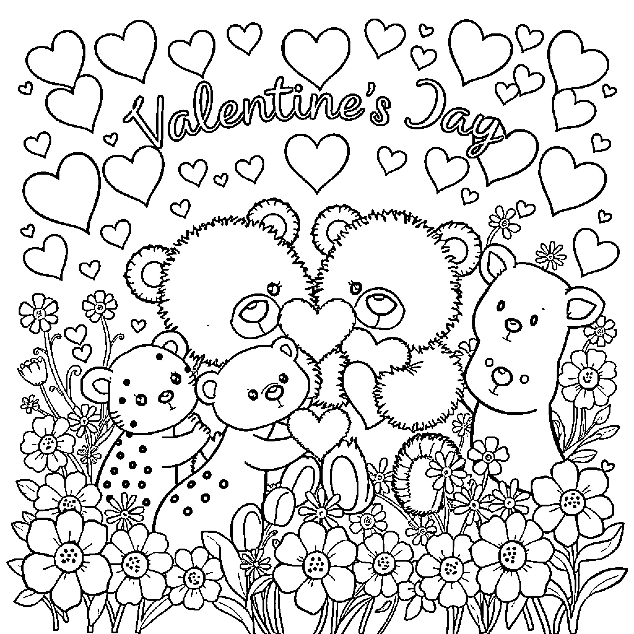 Bear characters celebrating Valentine's Day with hearts and flowers Coloring Page (free black-and-white line drawing printable PDF for all, from beginners to advanced learners, including children, teens, adults, and seniors)
