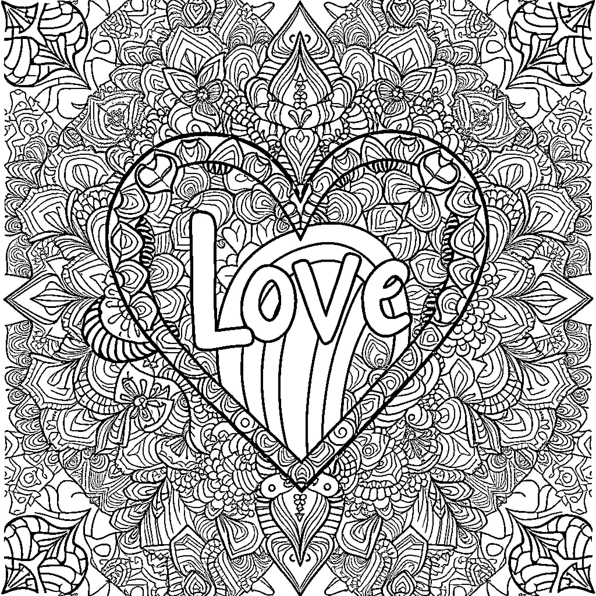 Heart-shaped Love Design with Intricate Patterns Coloring Page (free black-and-white line drawing printable PDF for all, from beginners to advanced learners, including children, teens, adults, and seniors)