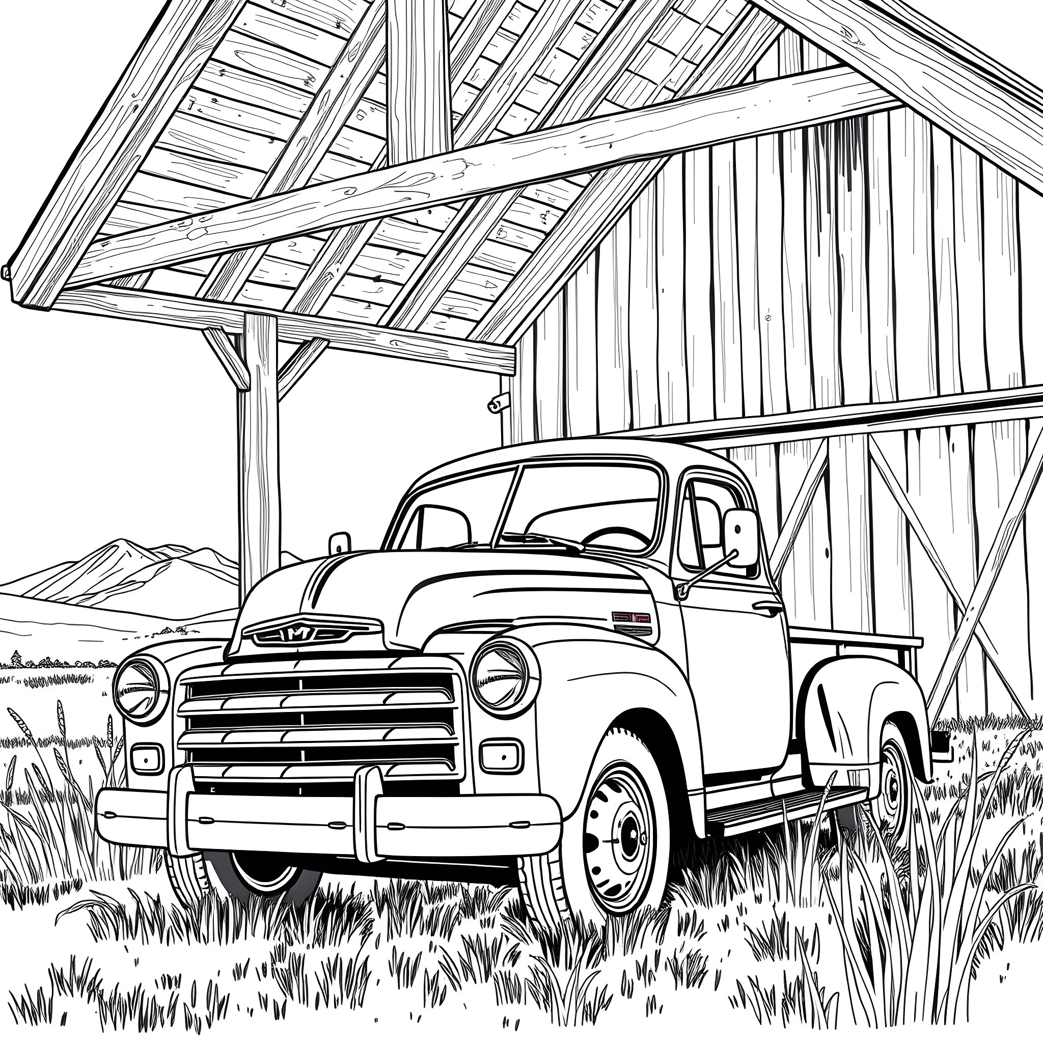 Truck parked in rustic barn setting Coloring Page (free black-and-white line drawing printable PDF for all, from beginners to advanced learners, including children, teens, adults, and seniors)