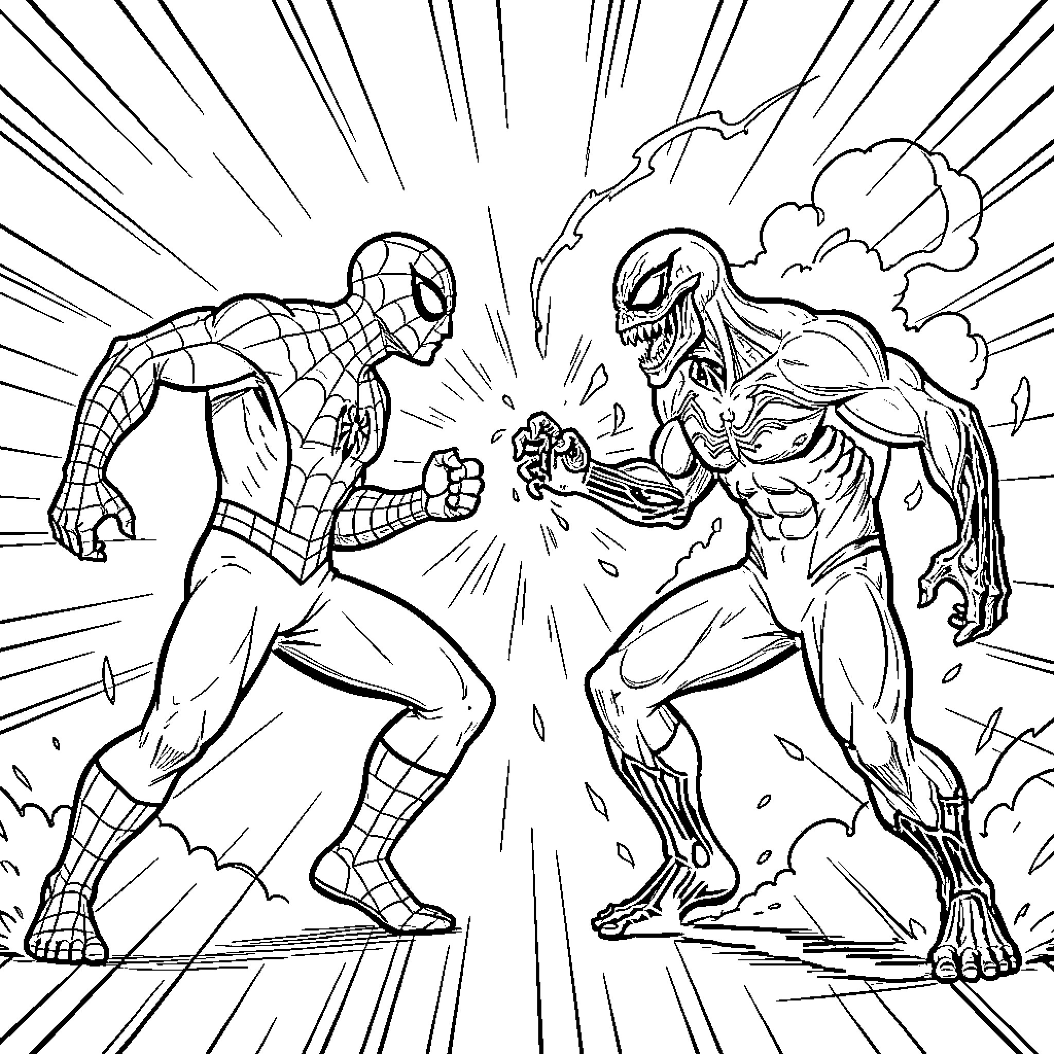 Spiderman facing off against a muscular villain Coloring Page (free black-and-white line drawing printable PDF for all, from beginners to advanced learners, including children, teens, adults, and seniors)