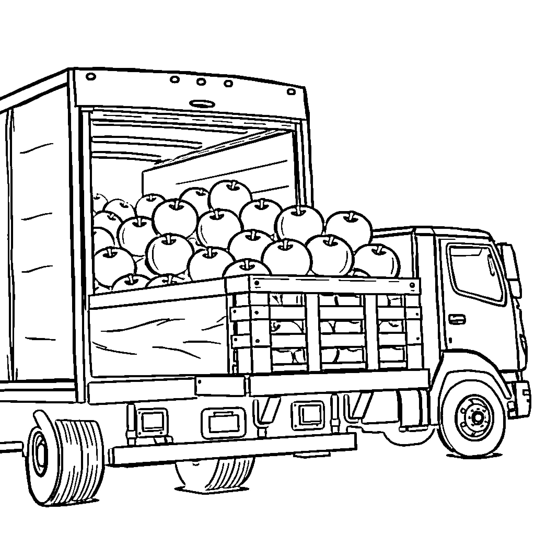 Apple Truck Transporting Fresh Apples Coloring Page (free black-and-white line drawing printable PDF for all, from beginners to advanced learners, including children, teens, adults, and seniors)
