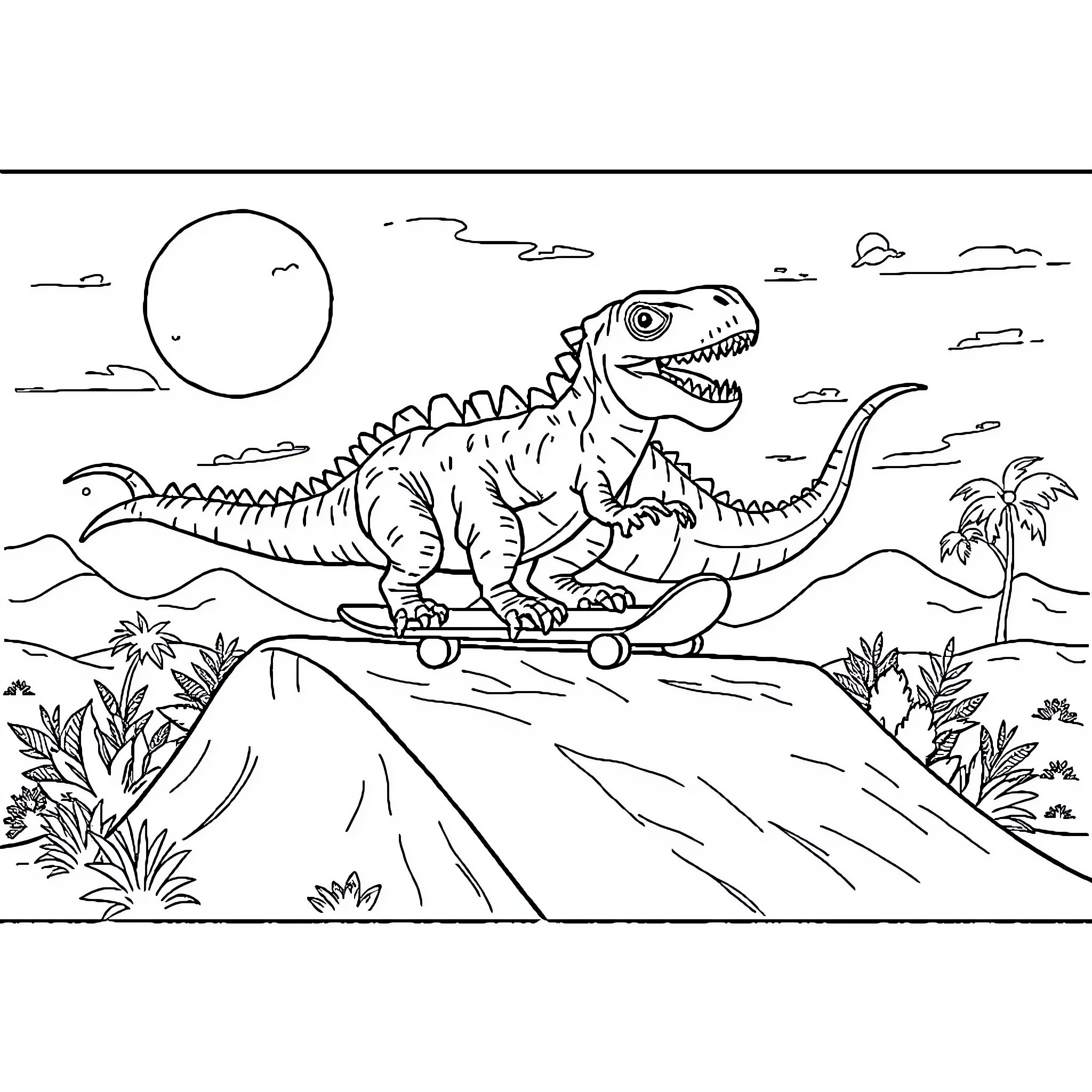 Dinosaur riding skateboard in prehistoric landscape Coloring Page (free black-and-white line drawing printable PDF for all, from beginners to advanced learners, including children, teens, adults, and seniors)