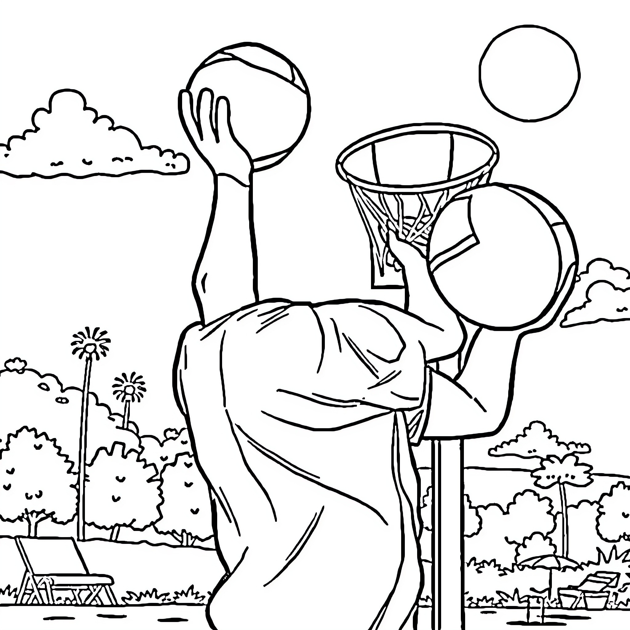 Baseball Player Shooting Ball into Hoop Coloring Page (free black-and-white line drawing printable PDF for all, from beginners to advanced learners, including children, teens, adults, and seniors)