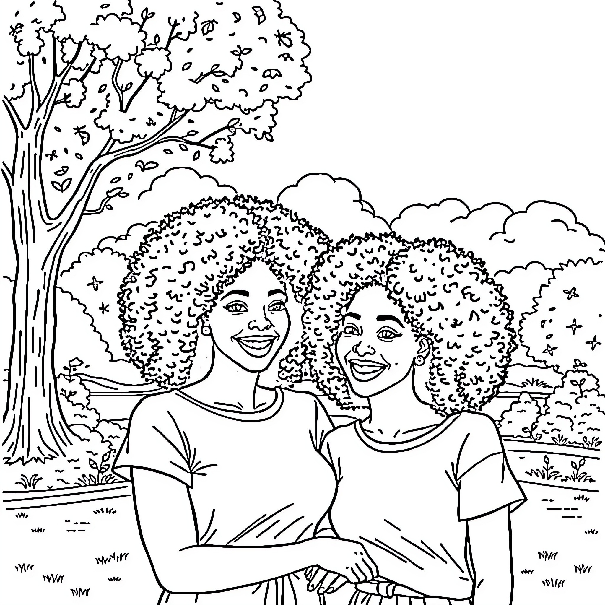 Children Joyfully Embracing in Scenic Outdoors Coloring Page (free black-and-white line drawing printable PDF for all, from beginners to advanced learners, including children, teens, adults, and seniors)