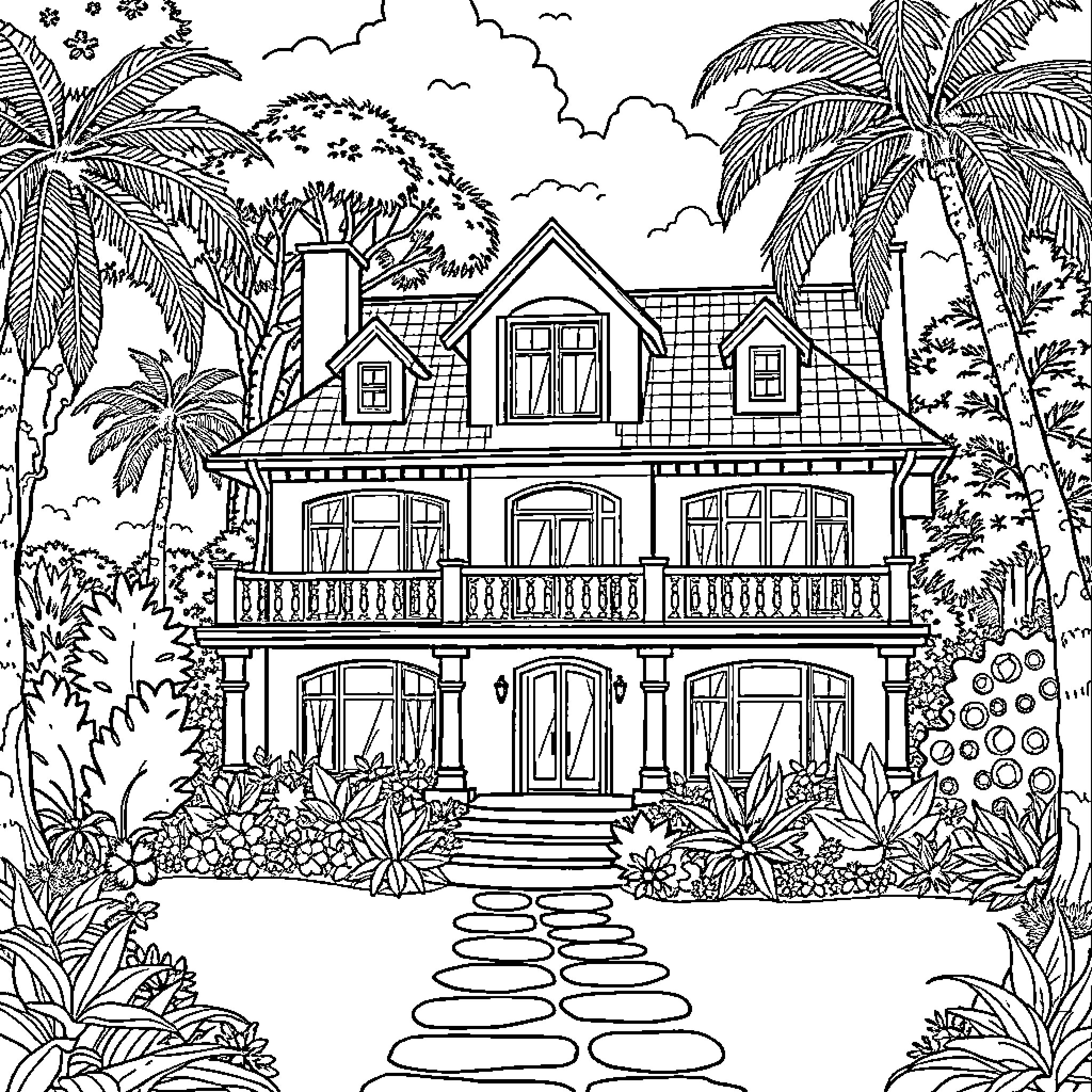 House in a tropical paradise with lush foliage Coloring Page (free black-and-white line drawing printable PDF for all, from beginners to advanced learners, including children, teens, adults, and seniors)