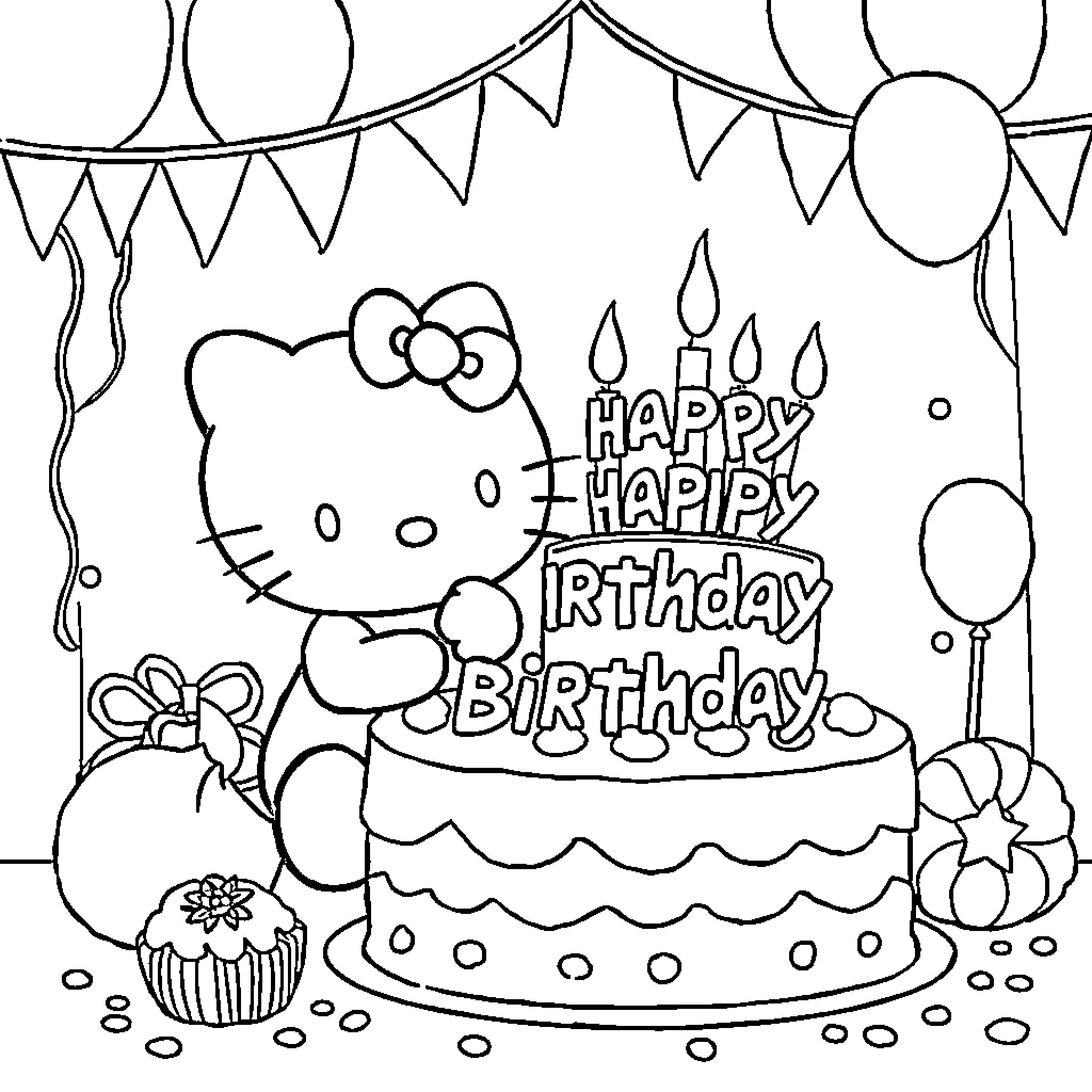Hello Kitty celebrates a happy birthday Coloring Page (free black-and-white line drawing printable PDF for all, from beginners to advanced learners, including children, teens, adults, and seniors)