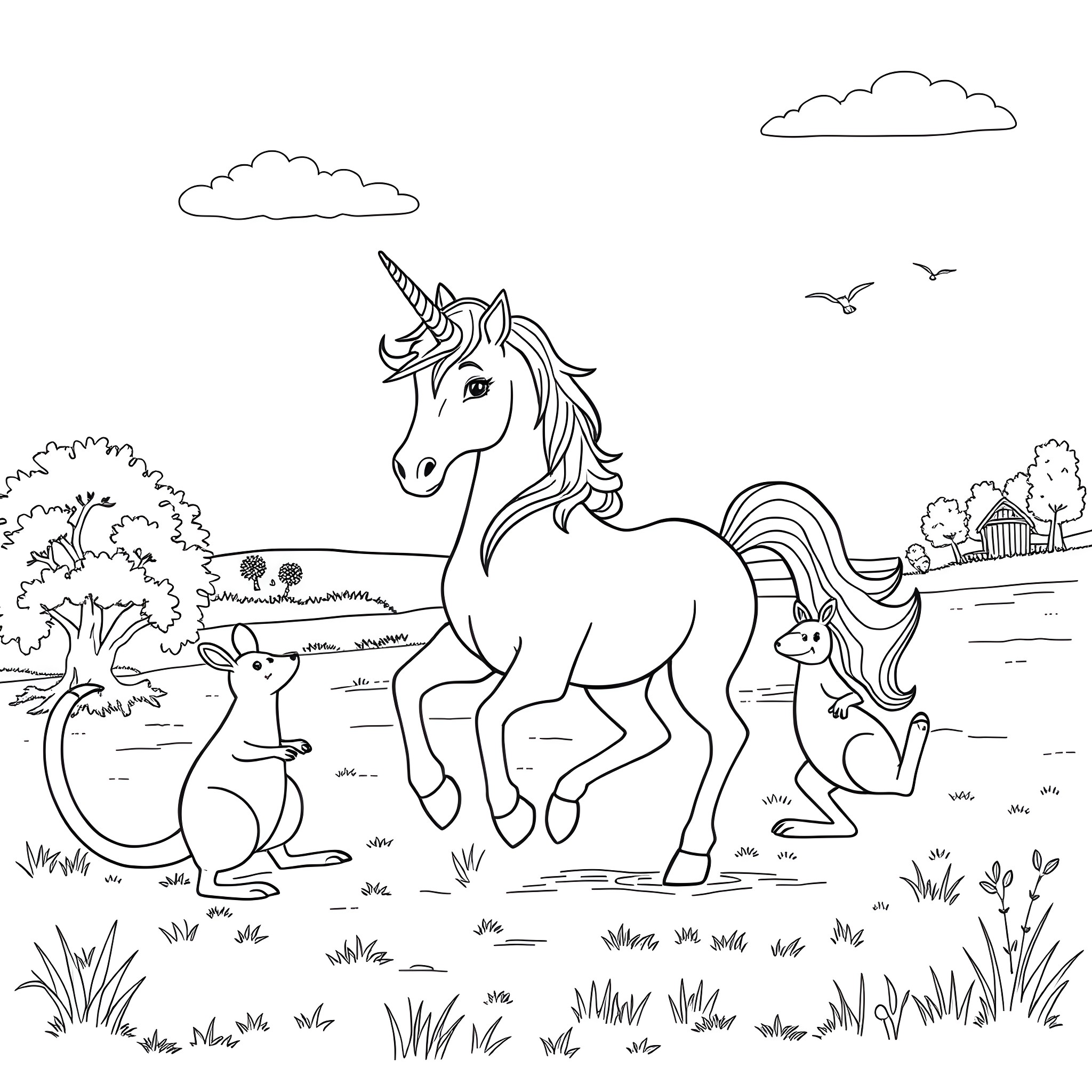 Unicorn Frolicking in Scenic Meadow with Bunnies Coloring Page (free black-and-white line drawing printable PDF for all, from beginners to advanced learners, including children, teens, adults, and seniors)