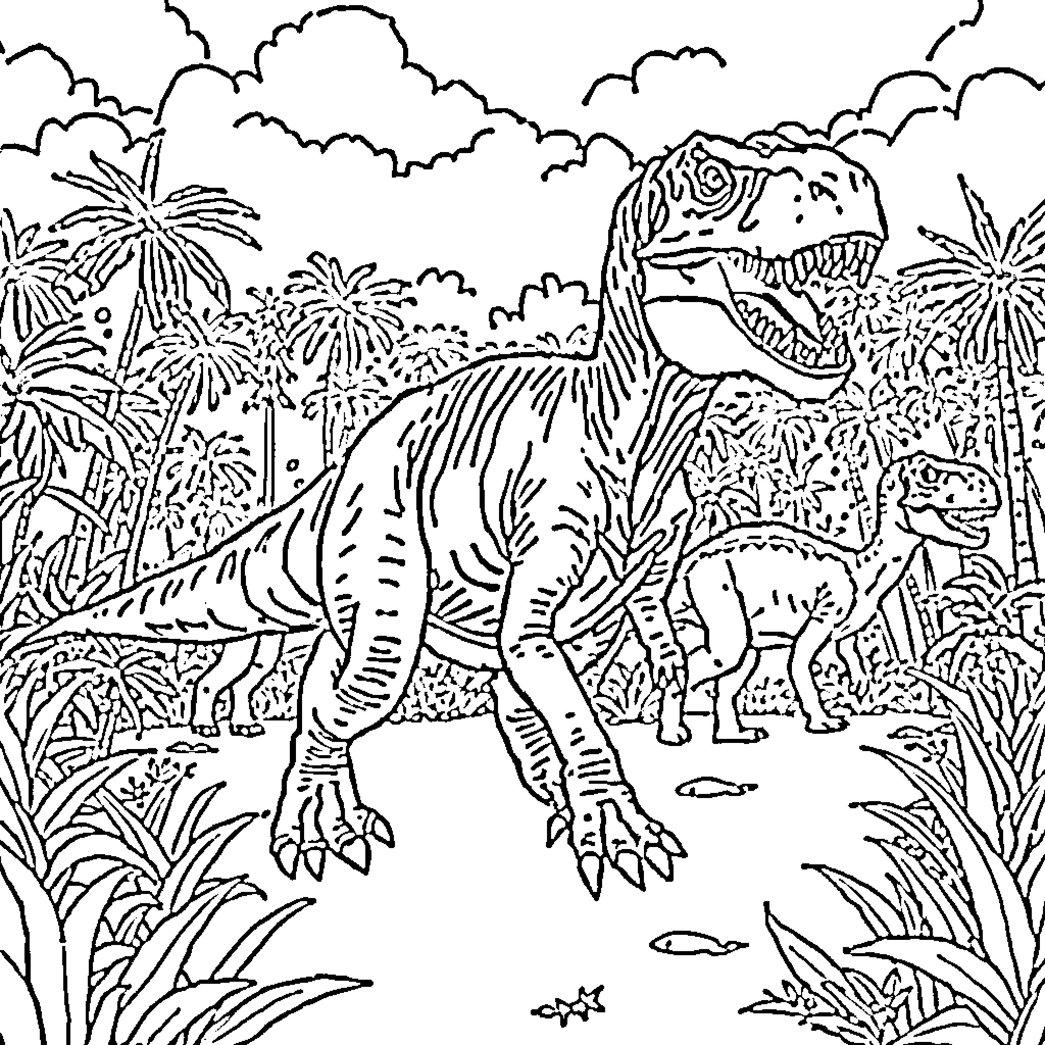 Dinosaurs roaming through lush prehistoric landscape Coloring Page (free black-and-white line drawing printable PDF for all, from beginners to advanced learners, including children, teens, adults, and seniors)