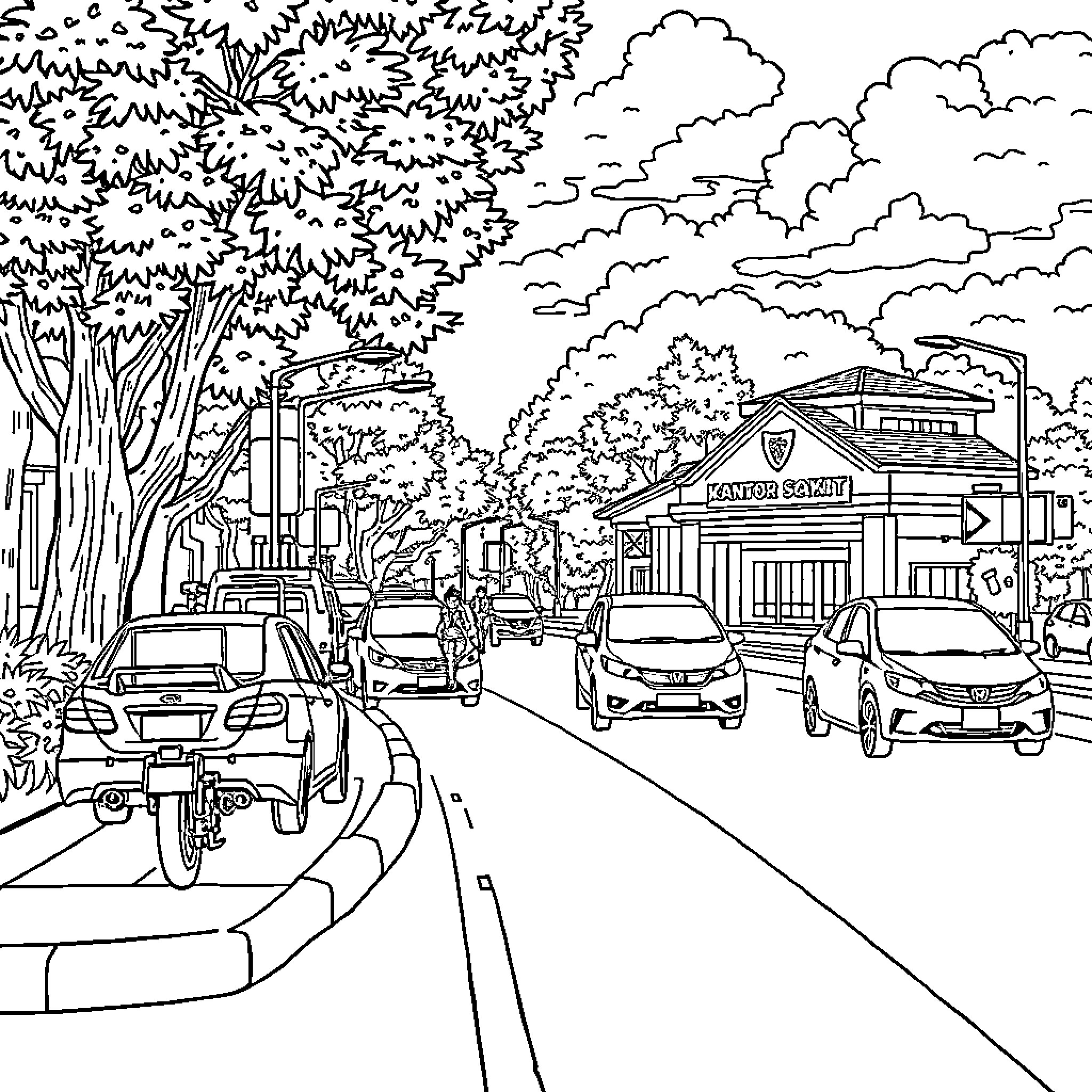 Map of a bustling urban street scene Coloring Page (free black-and-white line drawing printable PDF for all, from beginners to advanced learners, including children, teens, adults, and seniors)