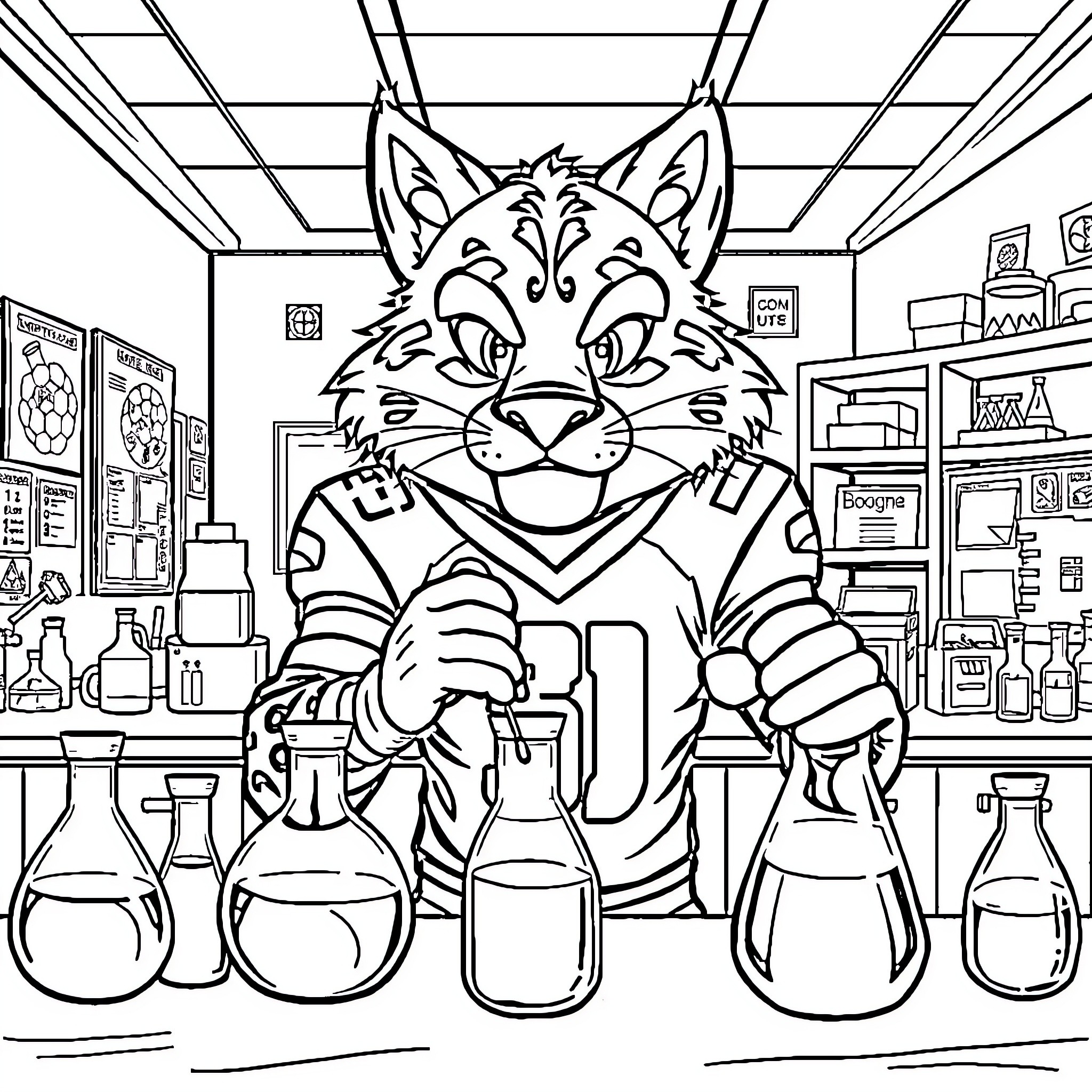 Bobcat working enthusiastically in a laboratory Coloring Page (free black-and-white line drawing printable PDF for all, from beginners to advanced learners, including children, teens, adults, and seniors)