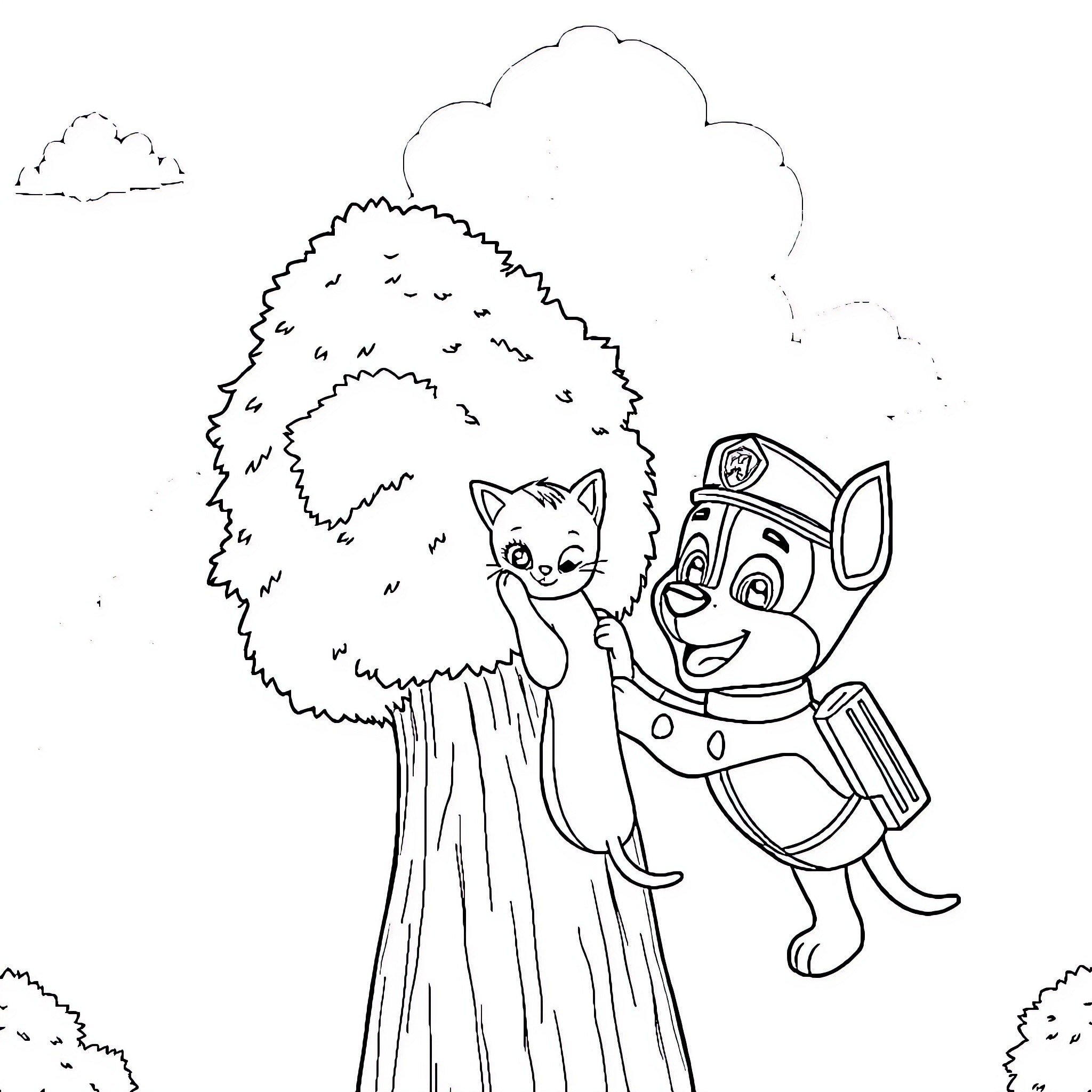 Paw Patrol characters in an outdoor adventure Coloring Page (free black-and-white line drawing printable PDF for all, from beginners to advanced learners, including children, teens, adults, and seniors)
