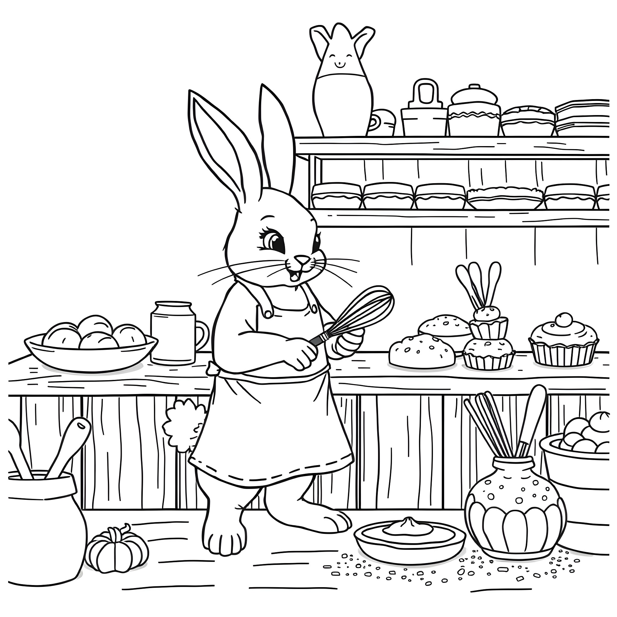 Bunny baking sweets in the kitchen Coloring Page (free black-and-white line drawing printable PDF for all, from beginners to advanced learners, including children, teens, adults, and seniors)