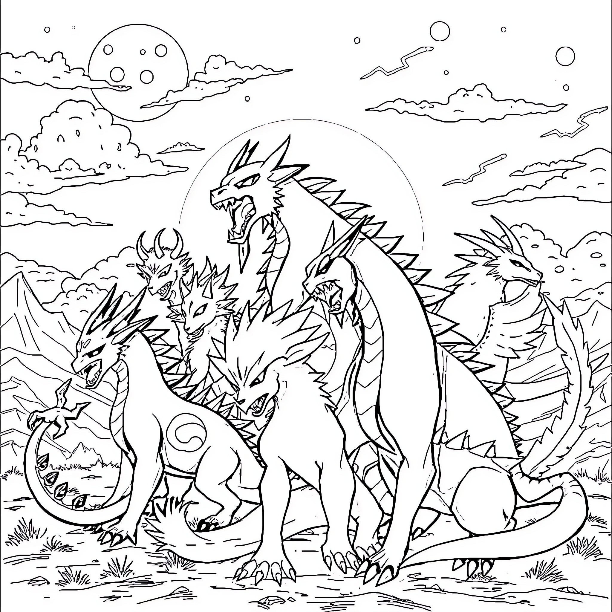 Tailed Beasts in Fierce Competition Coloring Page (free black-and-white line drawing printable PDF for all, from beginners to advanced learners, including children, teens, adults, and seniors)