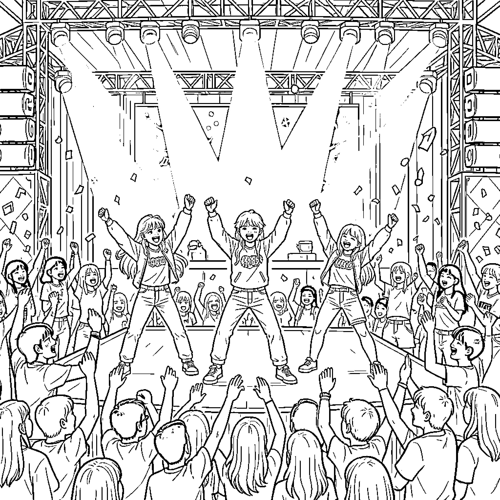 Kpop performers energizing the crowd on stage Coloring Page (free black-and-white line drawing printable PDF for all, from beginners to advanced learners, including children, teens, adults, and seniors)