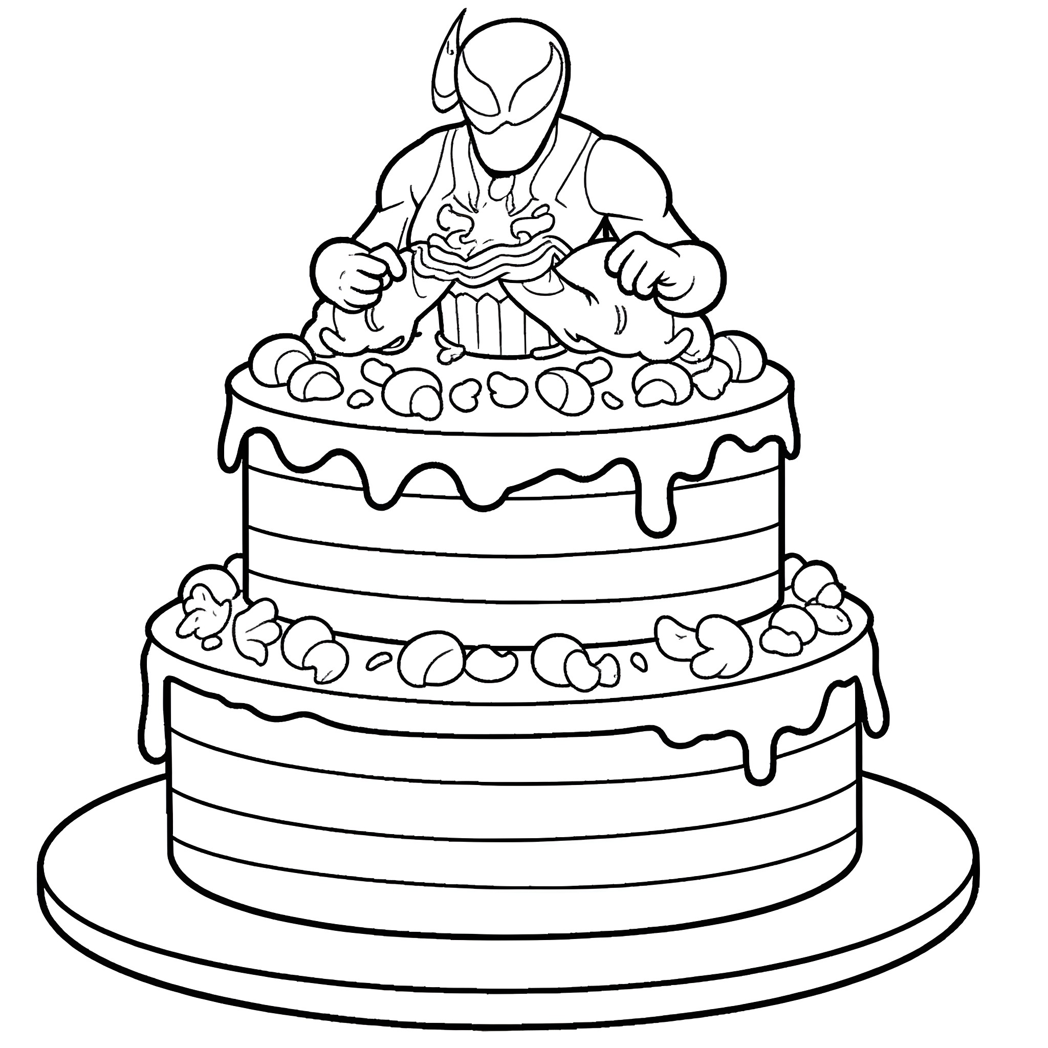 Venom decorates birthday cake with gooey frosting Coloring Page (free black-and-white line drawing printable PDF for all, from beginners to advanced learners, including children, teens, adults, and seniors)